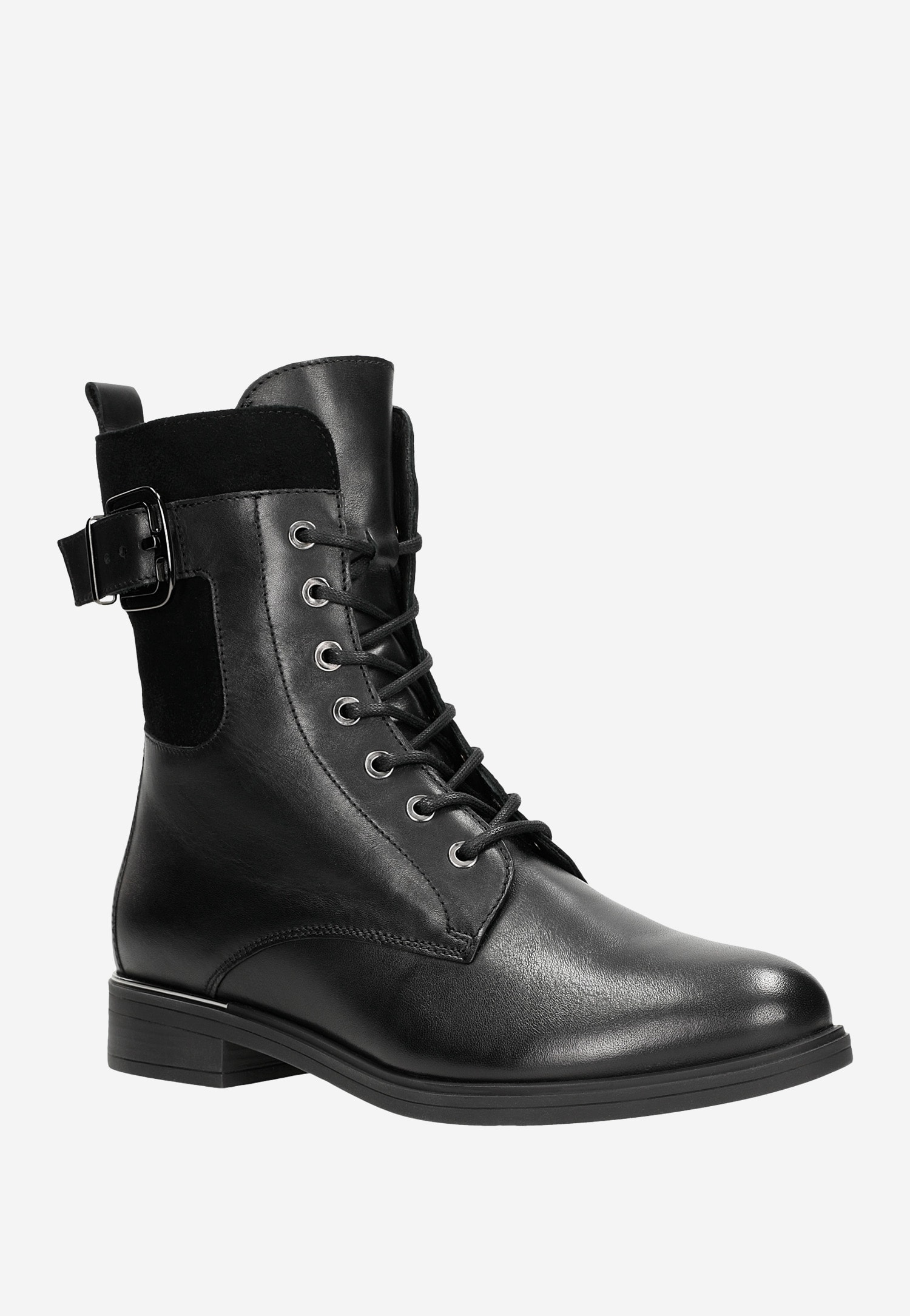 Czarne trzewiki damskie z weluru i skóry licowej