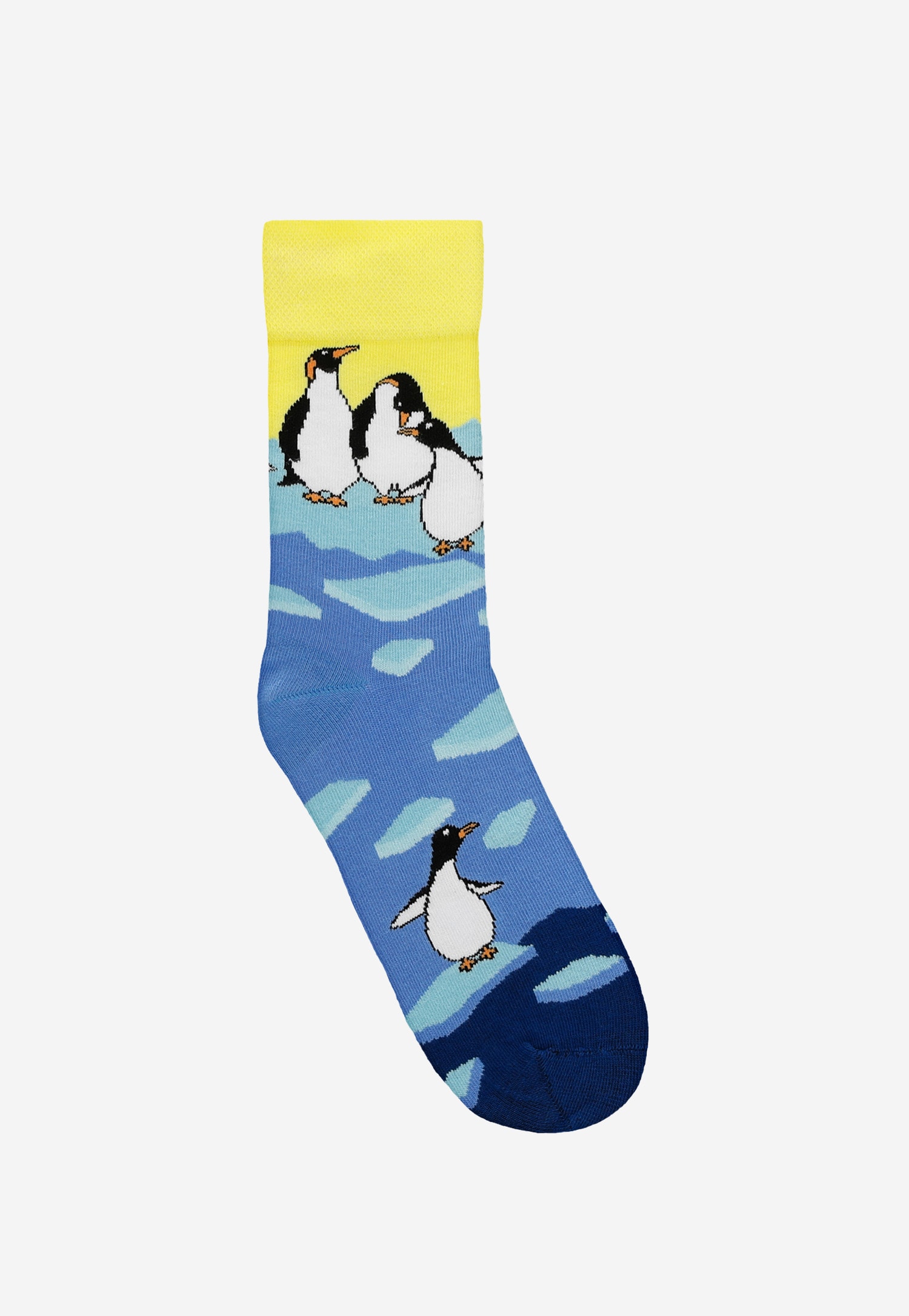 Niebiesko-żółte skarpety w pingwiny