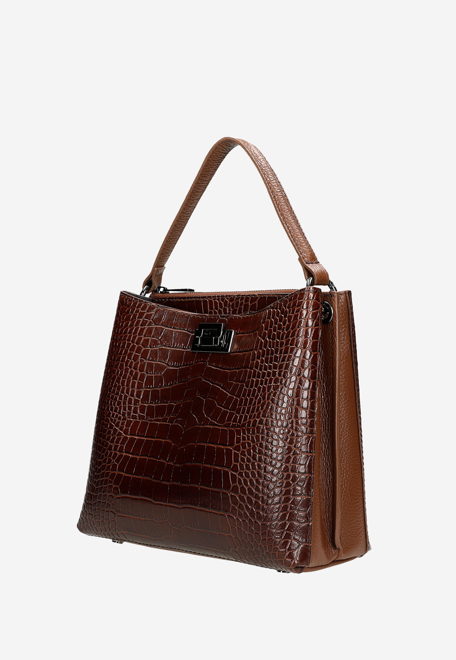 Duża ciemnobrązowa torebka damska kuferek z tłoczeniem