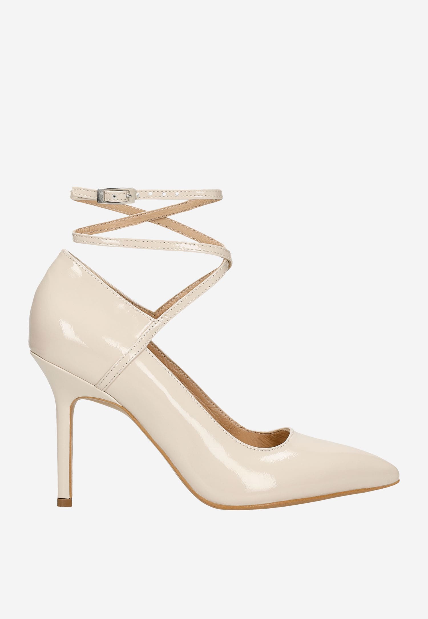 Beżowe czółenka damskie z długim paskiem oplatającym kostkę