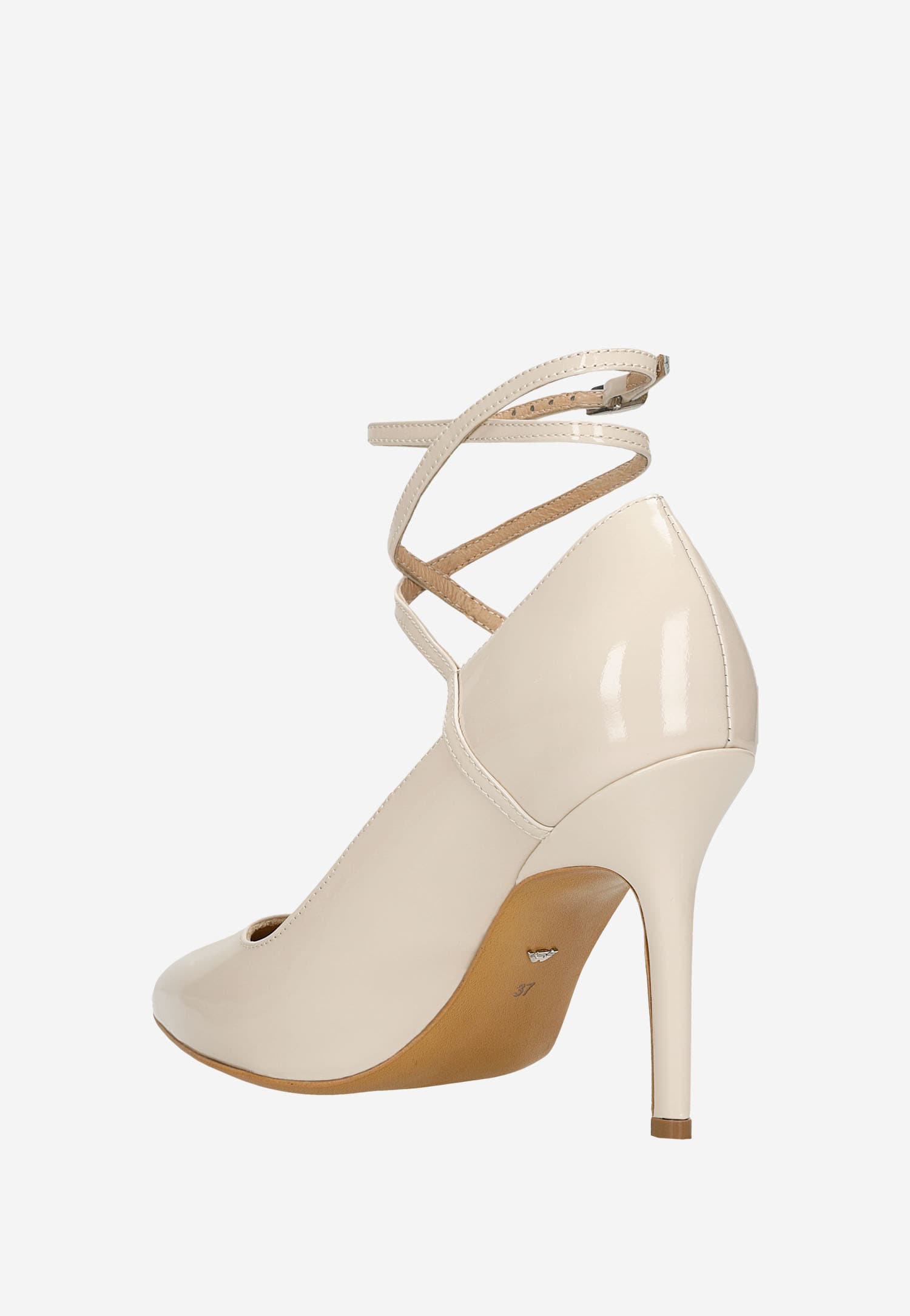 Beżowe czółenka damskie z długim paskiem oplatającym kostkę