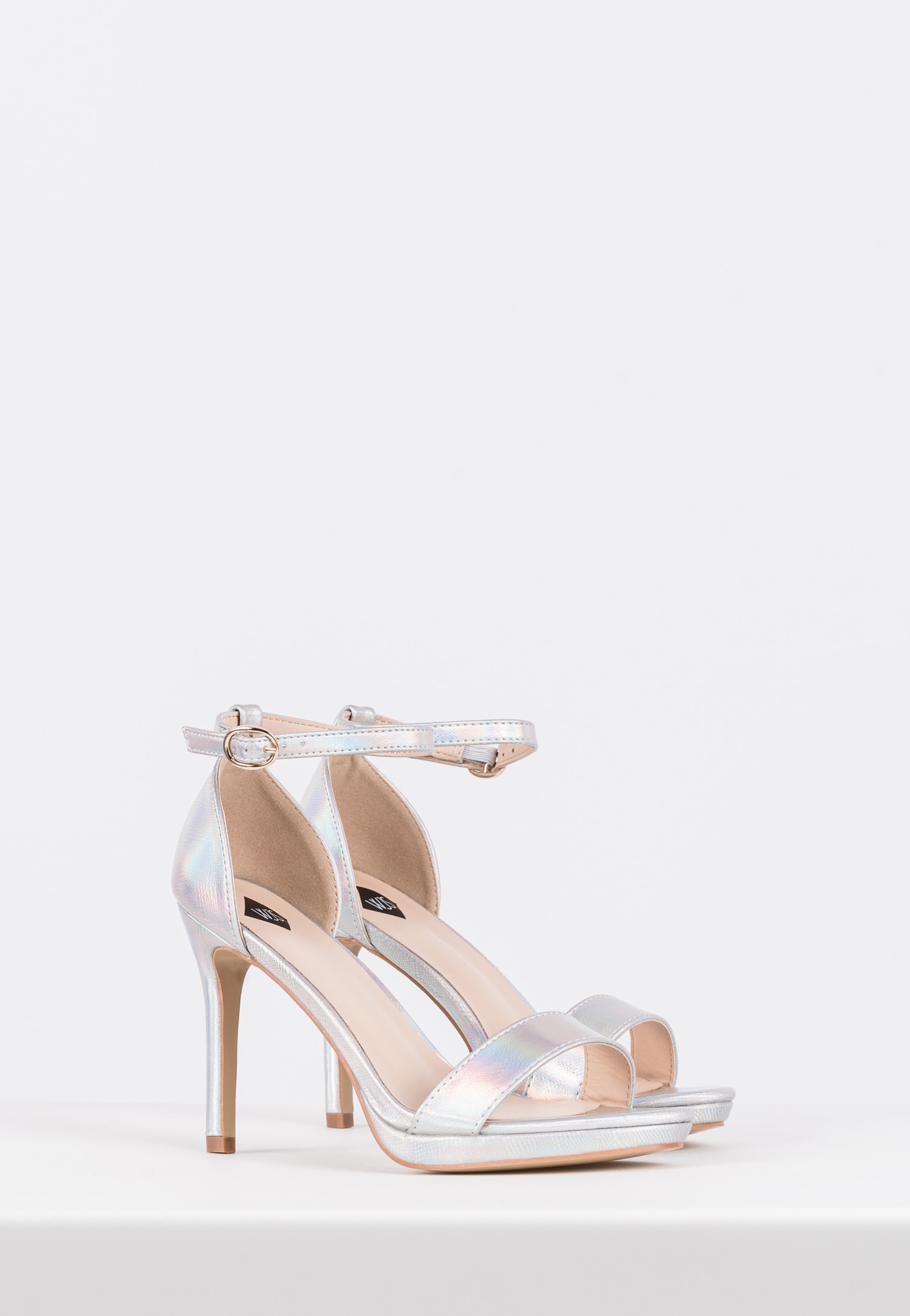 WJS srebrne holograficzne sandały damskie na słupku