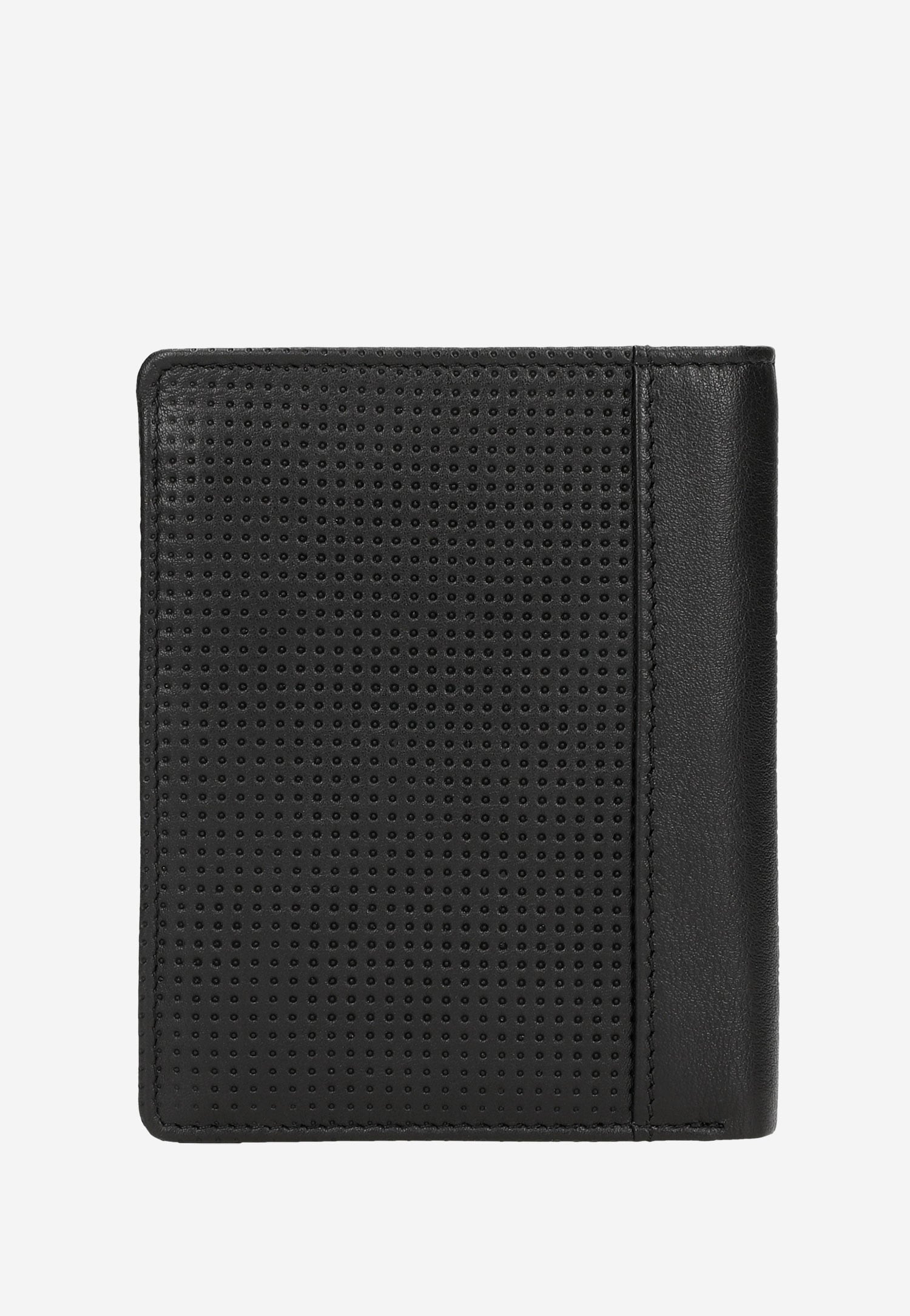 Czarny pionowy portfel męski z czerwonym akcentem na boku