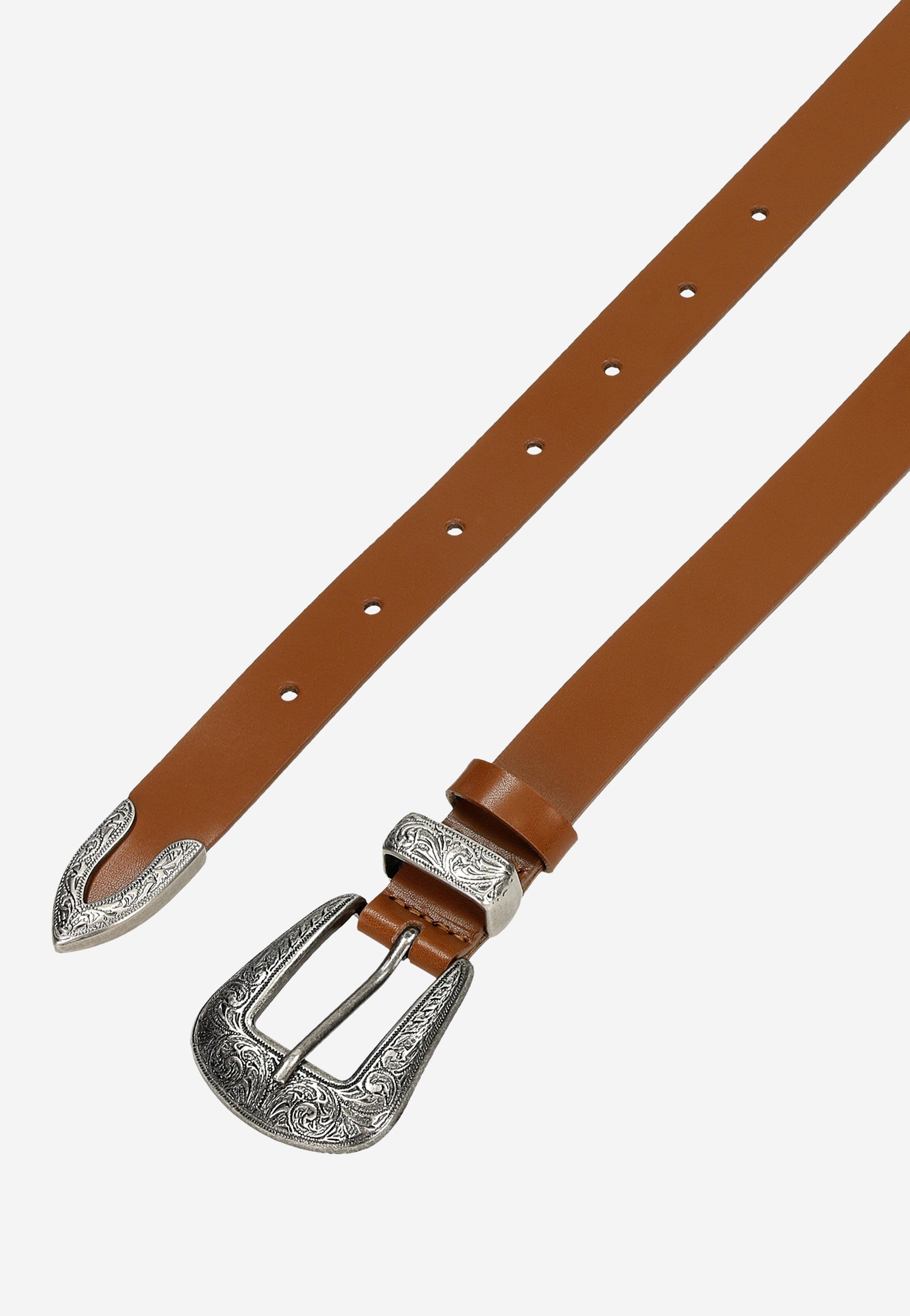Brązowy pasek z ozdobnym tłoczeniem na klamrze