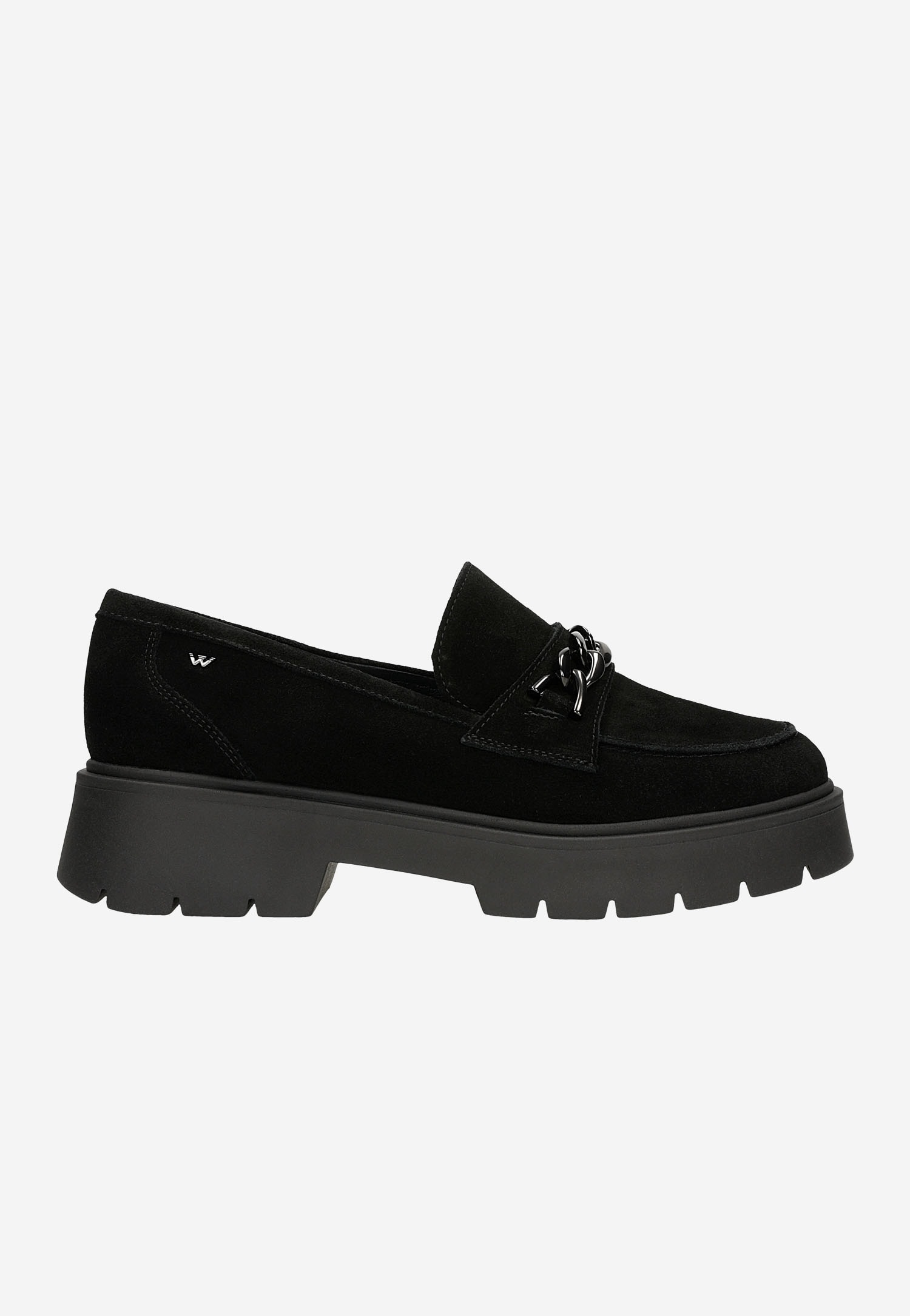 Czarne mokasyny damskie na grubej podeszwie z ozdobnym łańcuszkiem