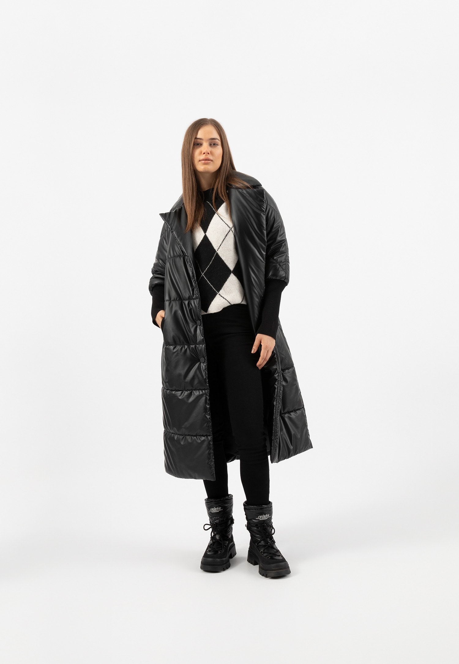 RELAKS czarne Śniegowce damskie z połączenia skóry i ortalionu