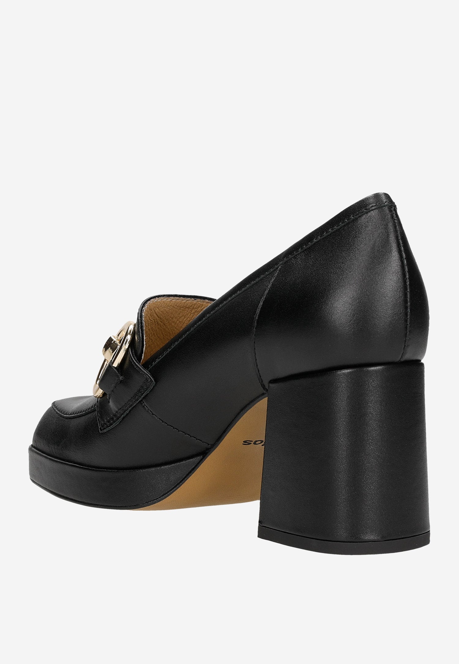 Czarne skórzane mokasyny damskie na słupku ze złotą ozdobą