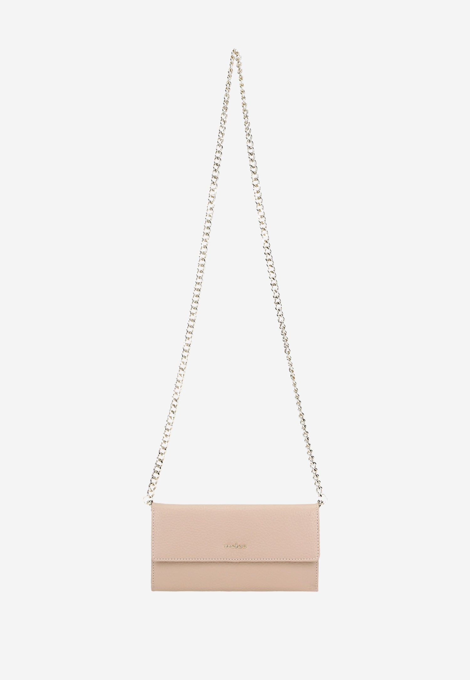 Jasnoróżowy duży portfel damski z doczepianym łańcuszkiem