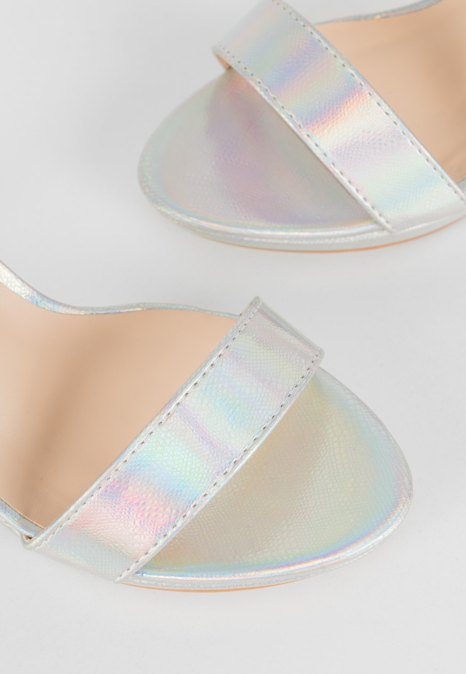 WJS srebrne holograficzne sandały damskie na słupku