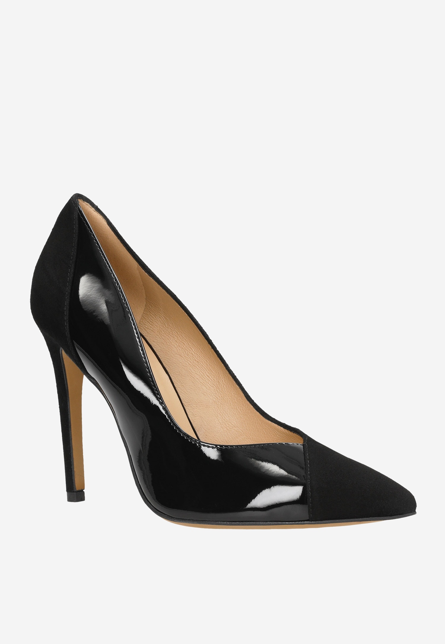 Szykowne czarne czółenka na szpilce z połączenia skóry welurowej i lakierowanej