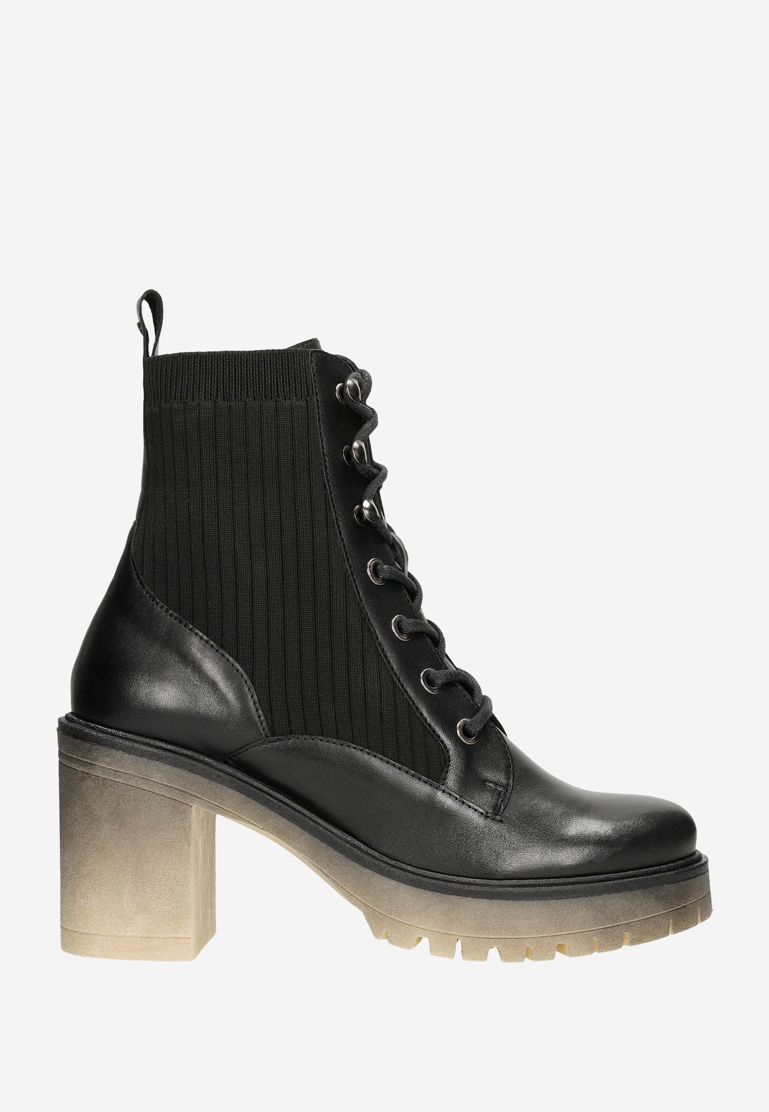 Czarne trzewiki damskie na obcasie z cholewką skarpetą