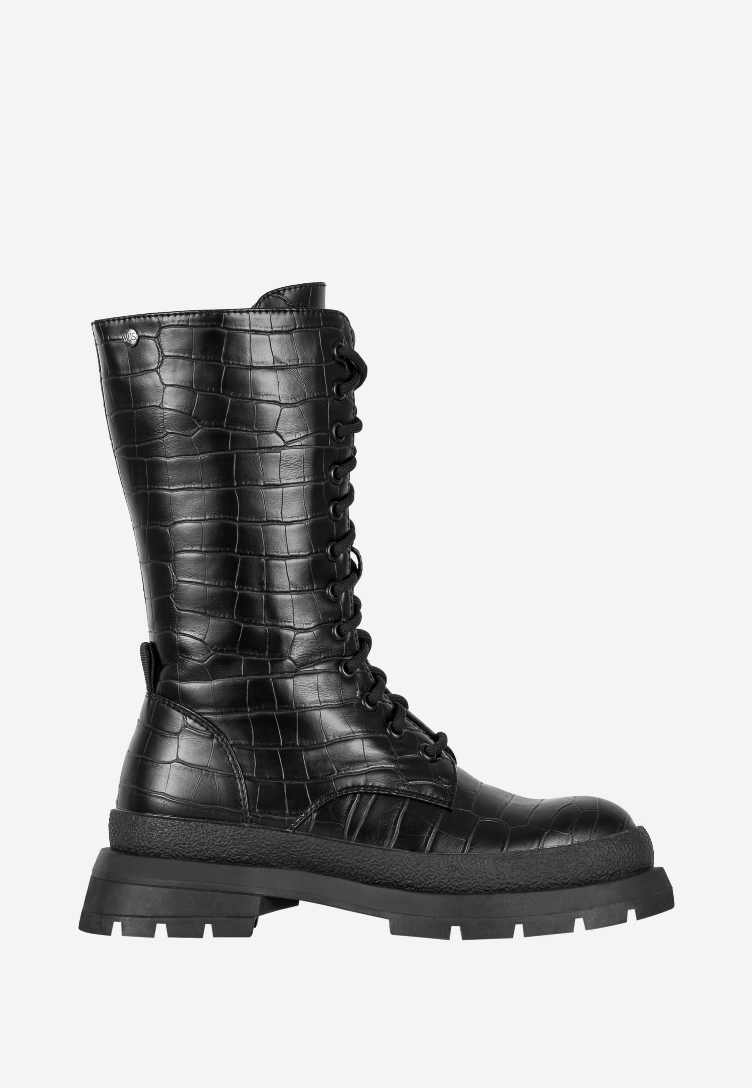 WJS czarne wysokie trzewiki damskie z motywem zwierzęcym