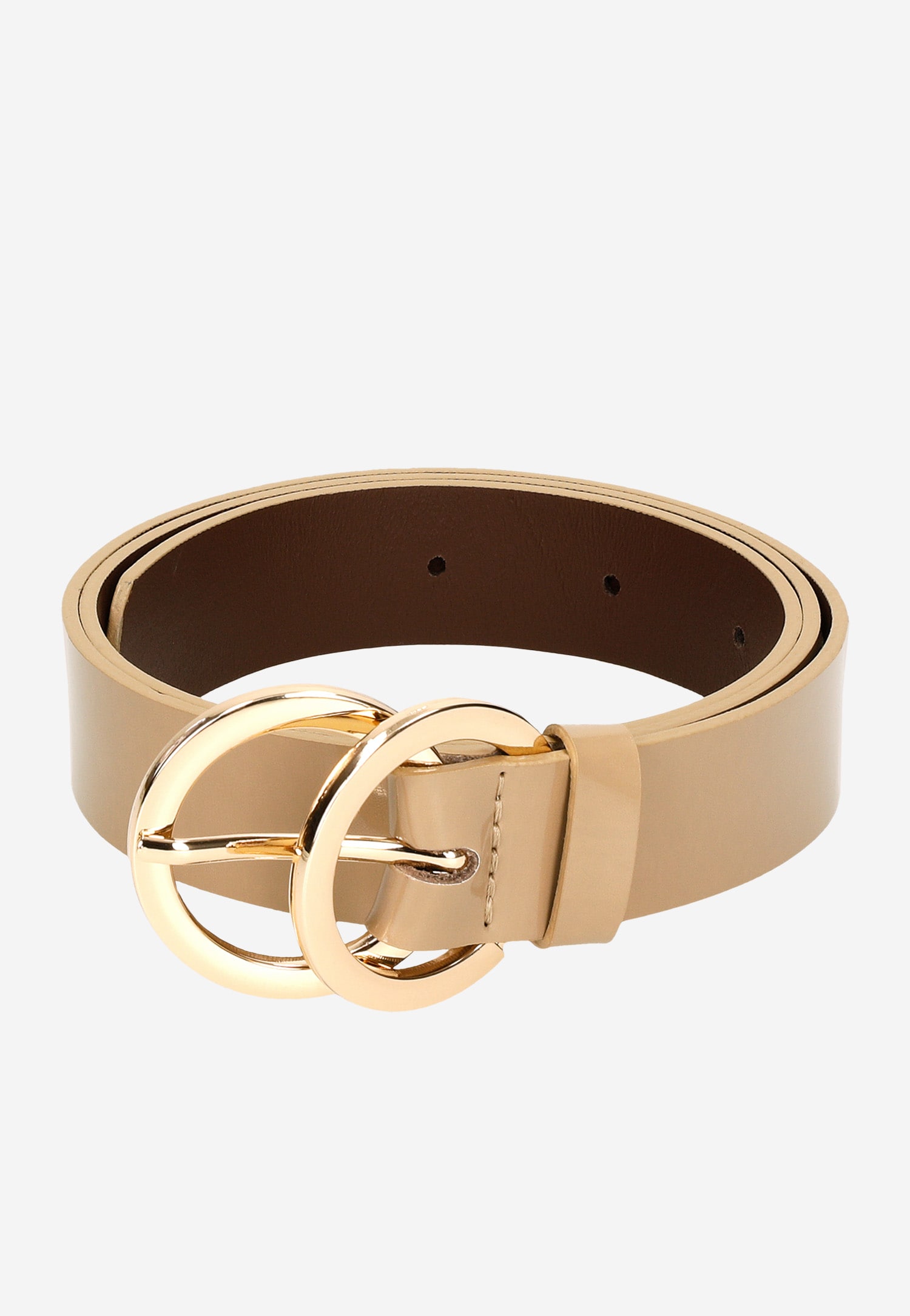 Beżowy pasek damski lakierowany ze złotą klamrą