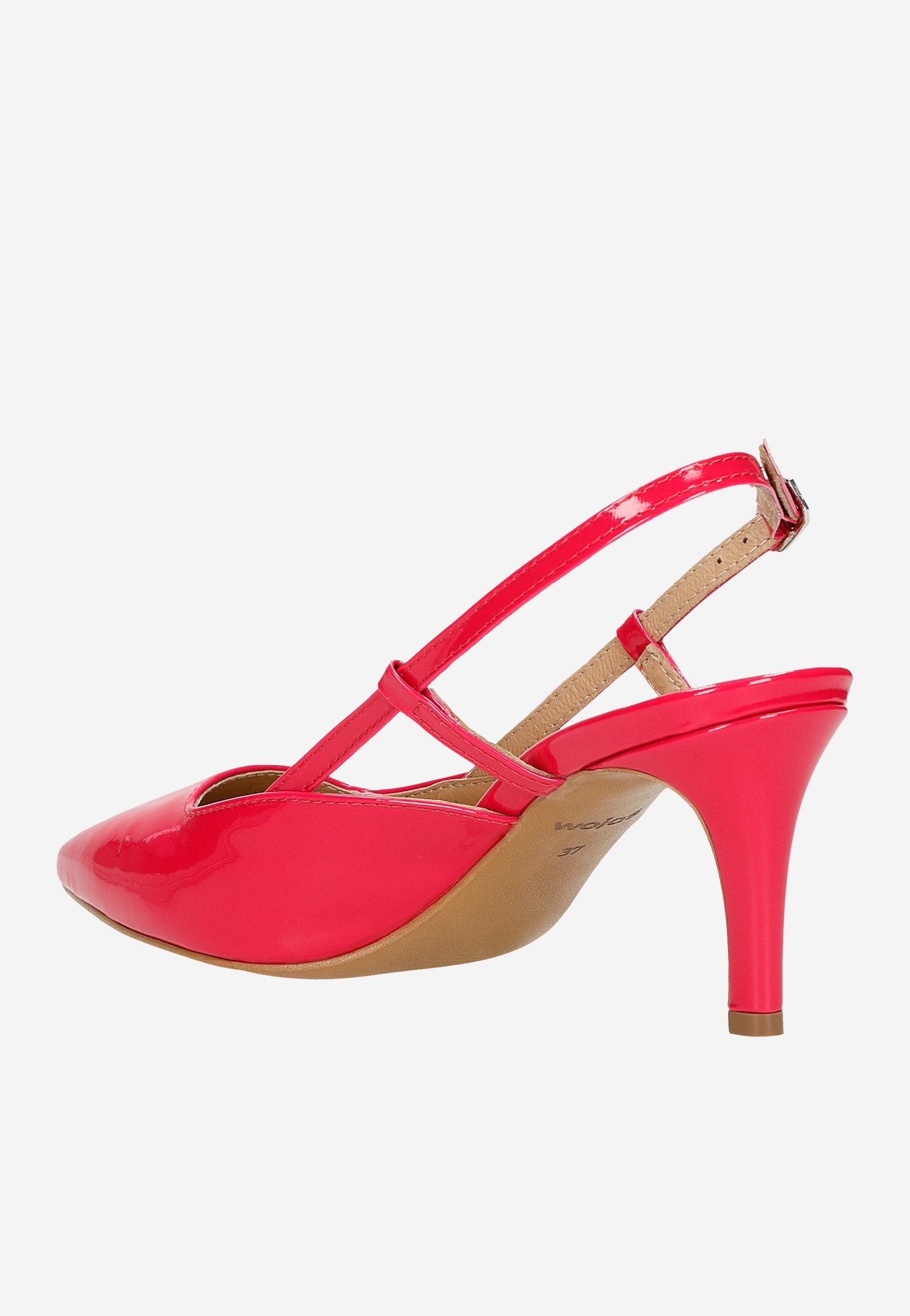 Różowe czółenka damskie z odkrytą piętą z lakierowanej skóry