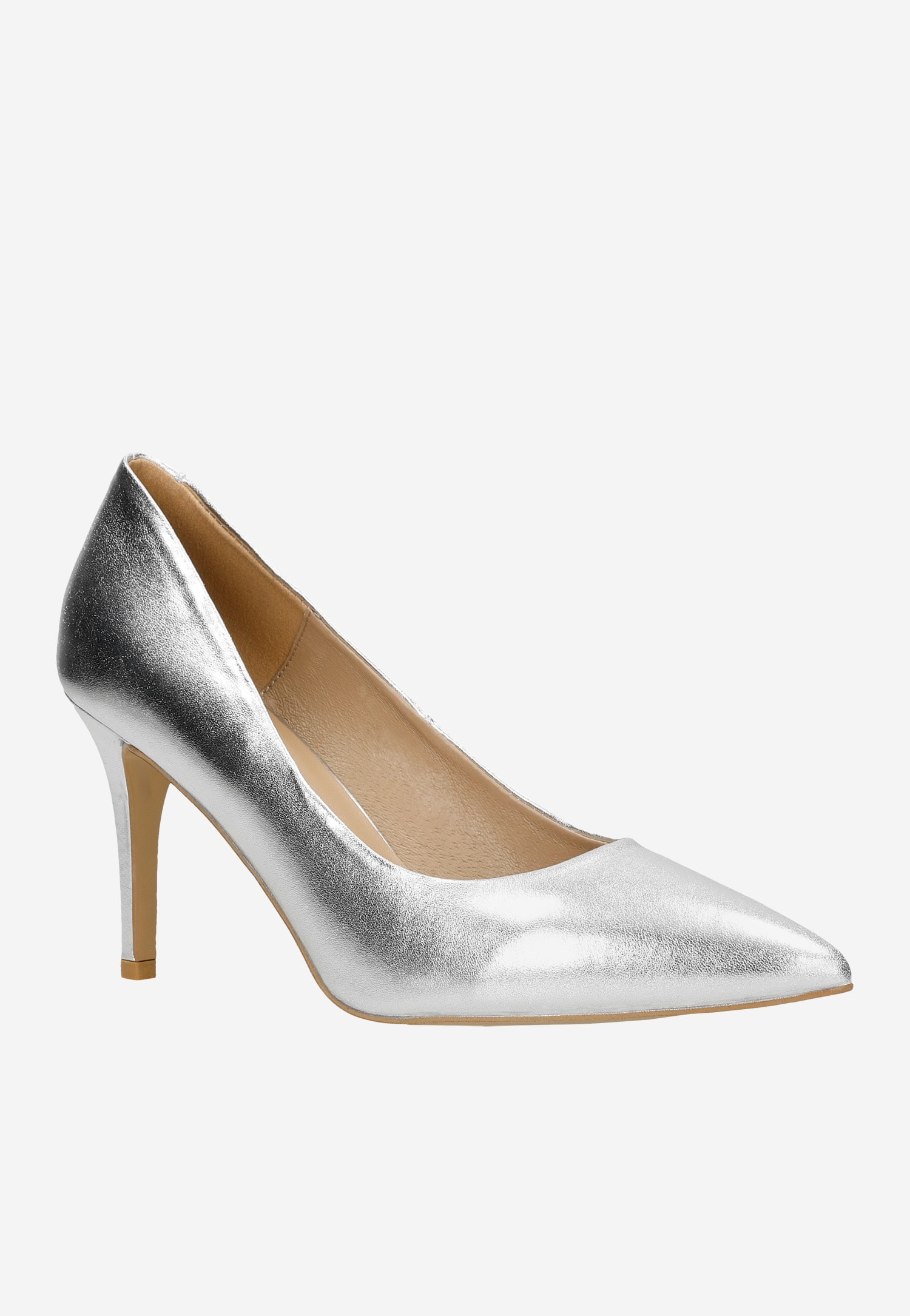 Srebrne czółenka damskie ze skóry licowej foliowanej