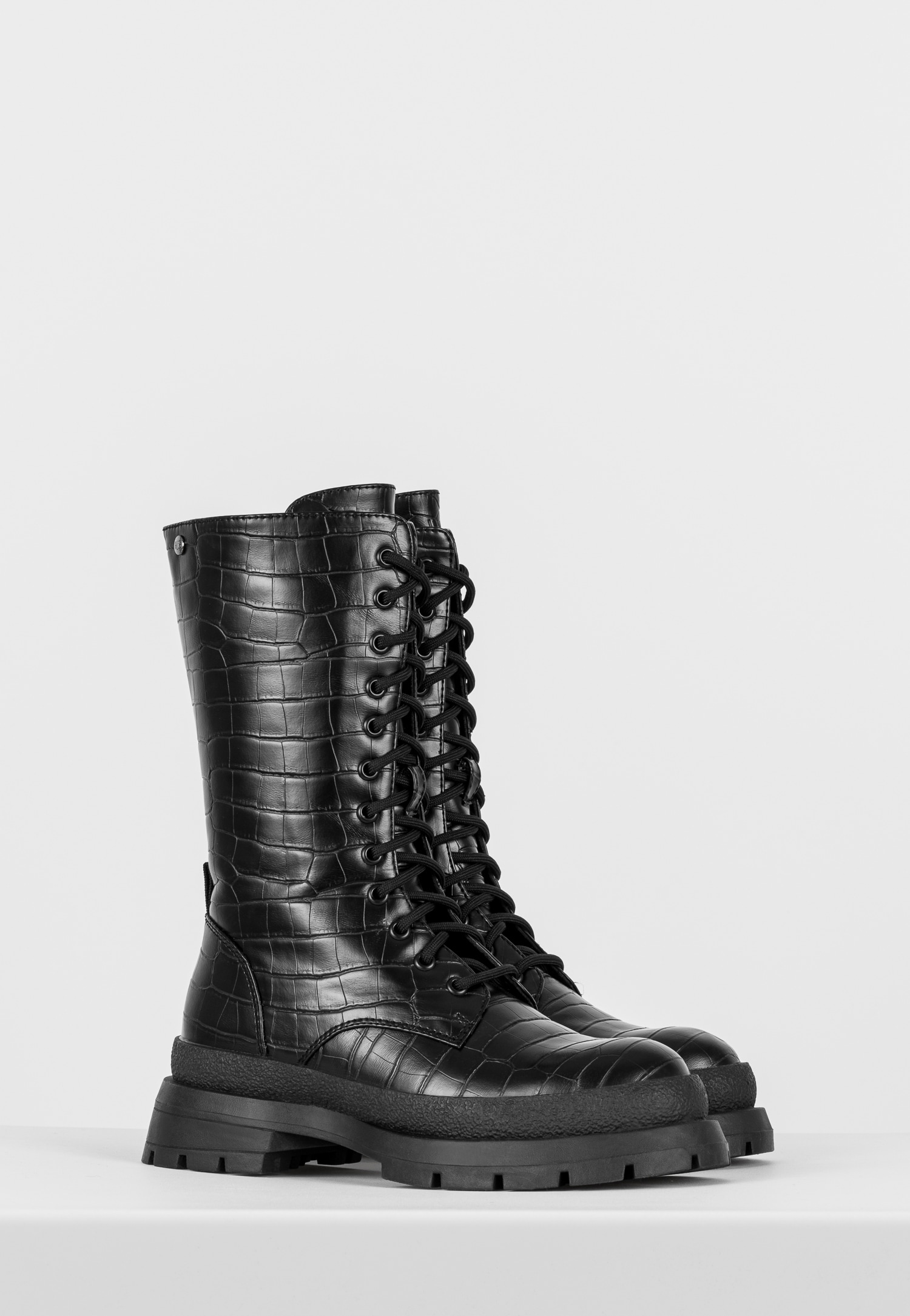 WJS czarne wysokie trzewiki damskie z motywem zwierzęcym