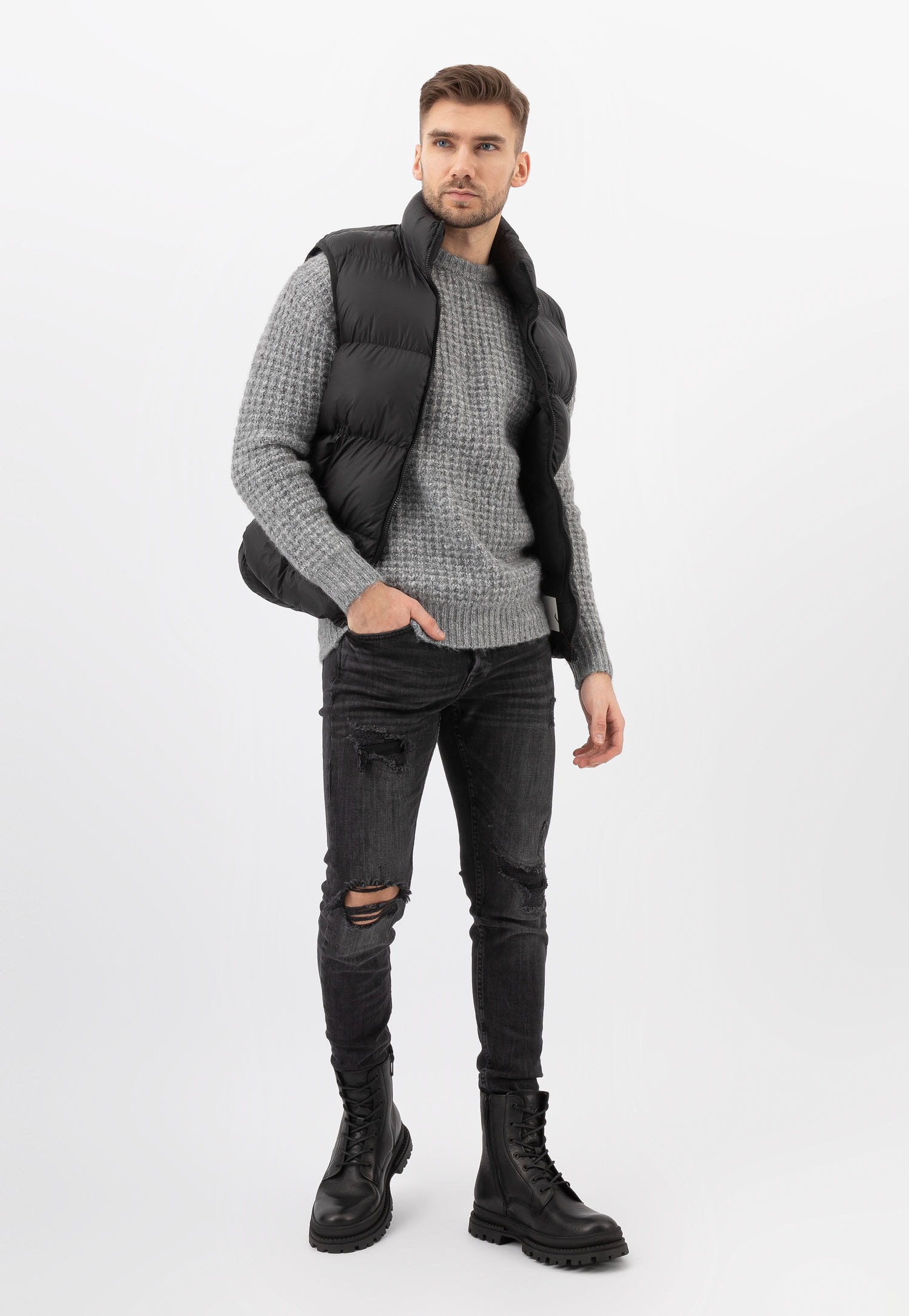 Brązowe męskie trzewiki bikery ze skóry licowej