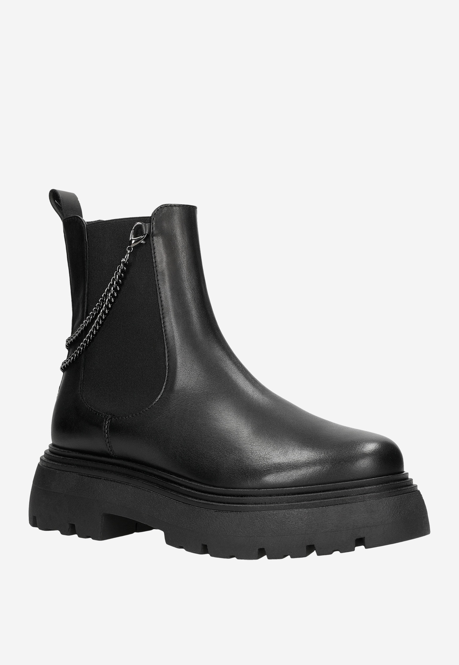 Czarne skórzane botki damskie z odczepianym łańcuchem na masywnej podeszwie