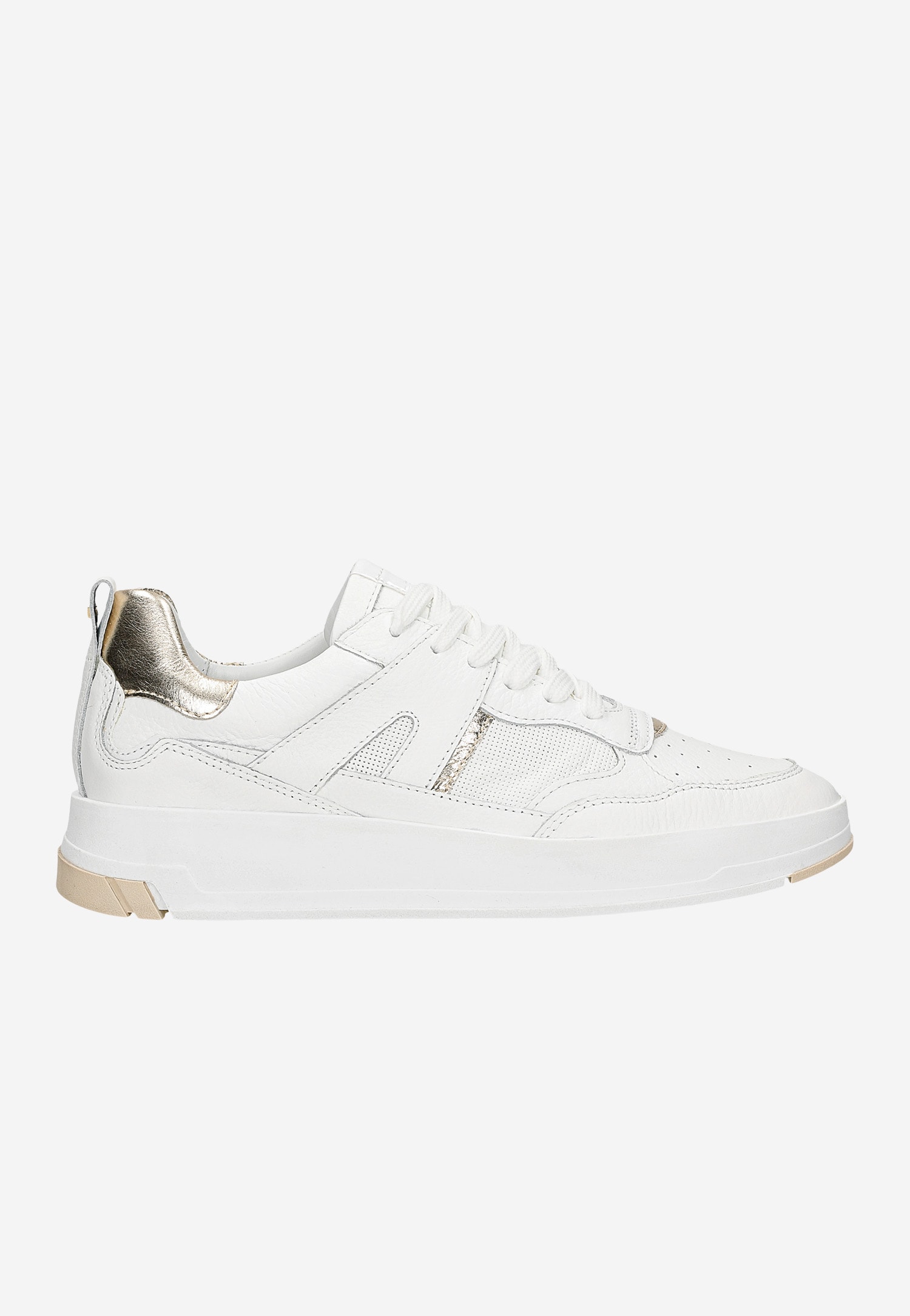 Białe skórzane trampki damskie ze złotymi akcentami