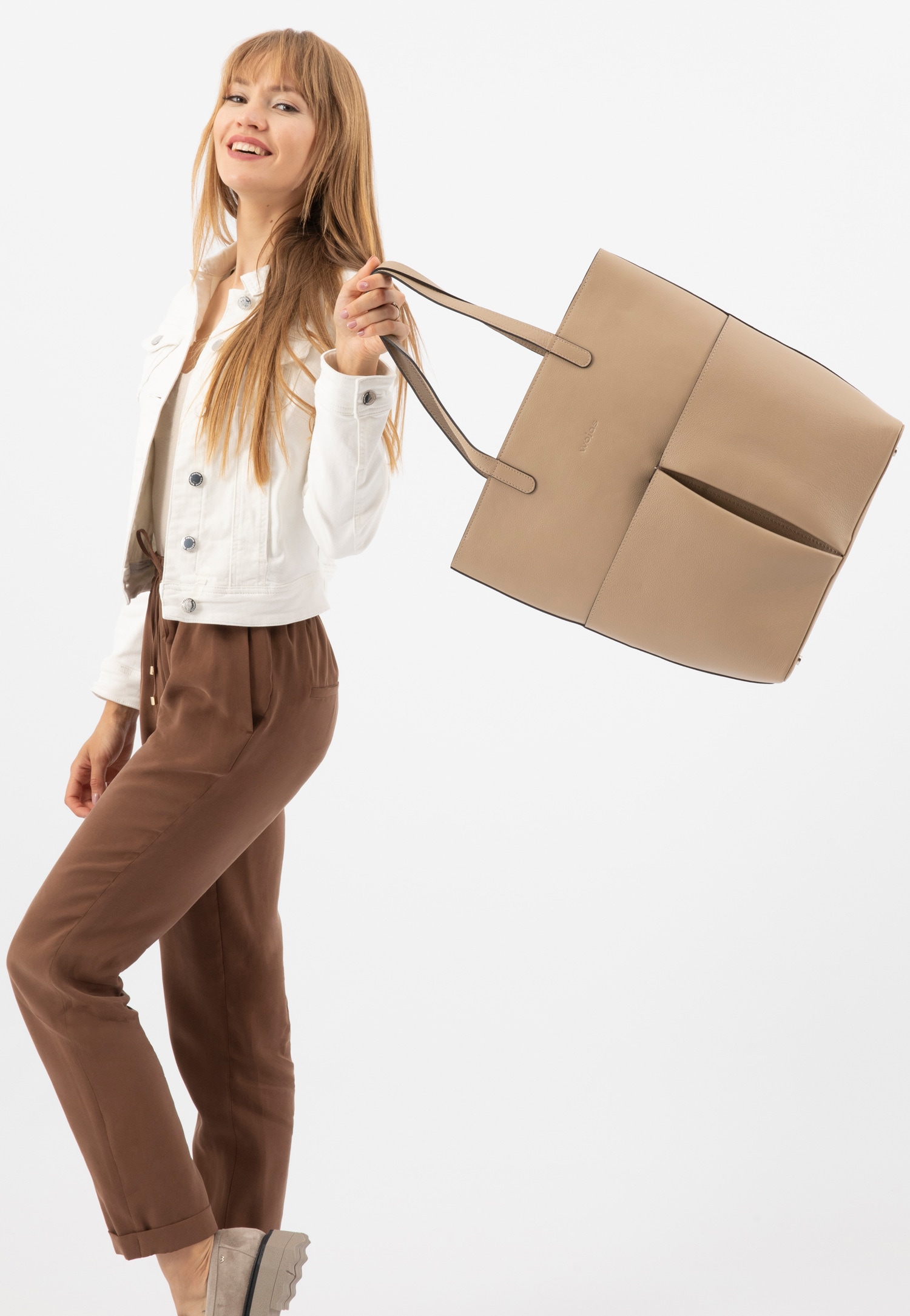 Pojemna skórzana shopperka damska w kolorze brązowym