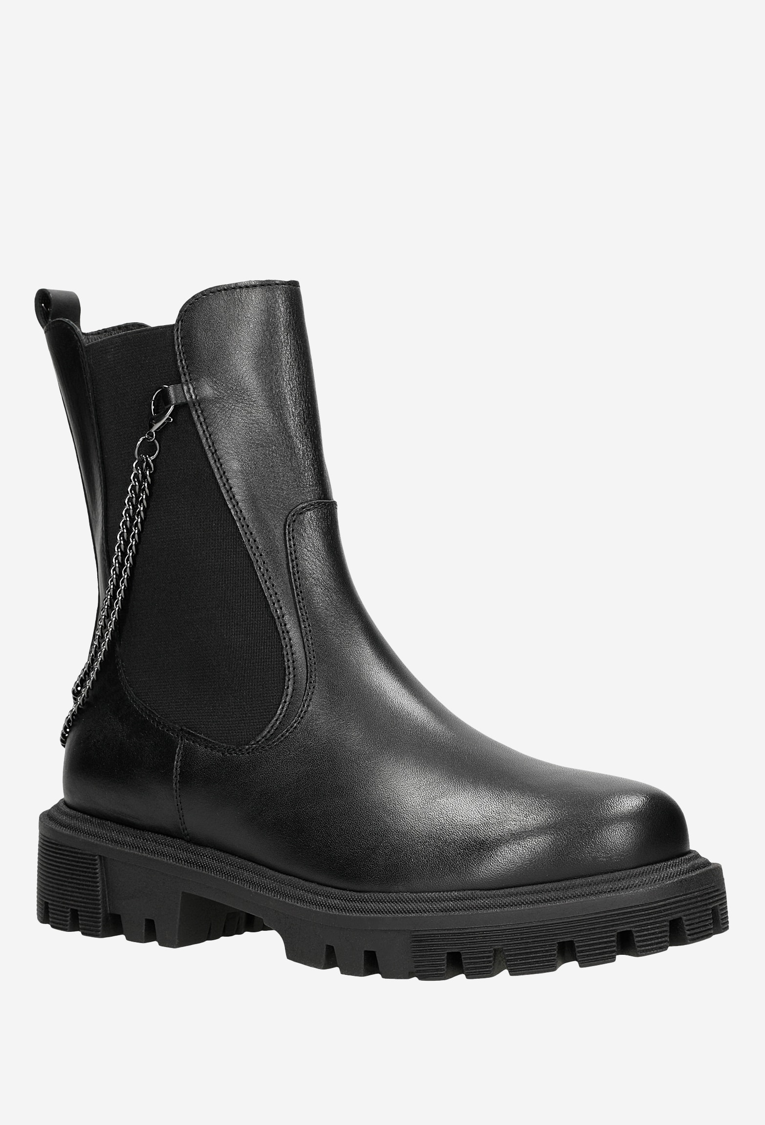 Czarne botki damskie typu sztyblety z łańcuszkiem