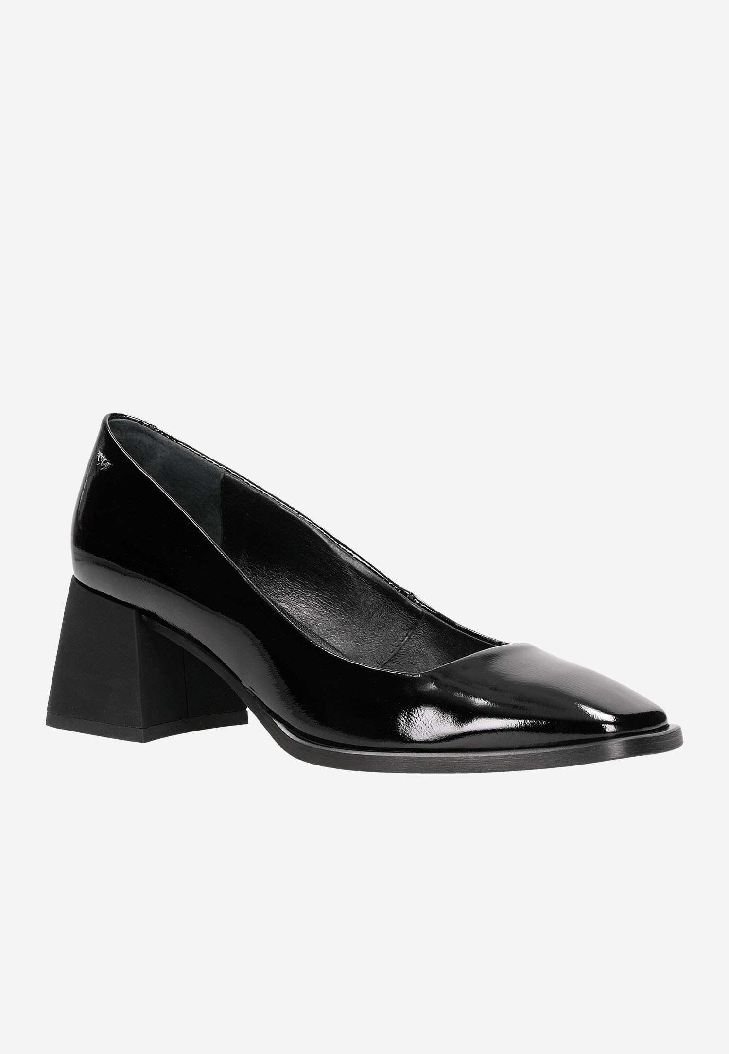 Czarne lakierowane czółenka damskie na oryginalnym obcasie