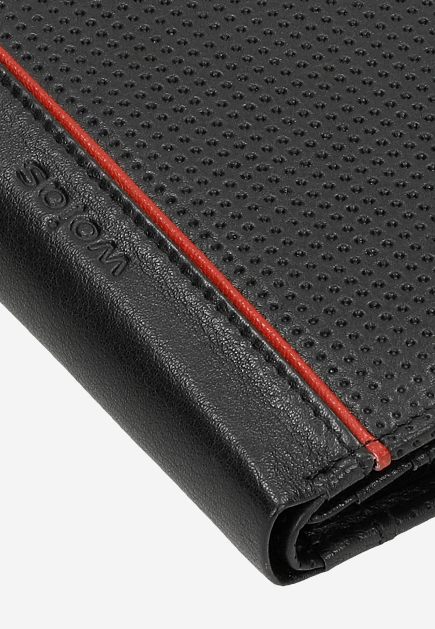 Czarny pionowy portfel męski z czerwonym akcentem na boku