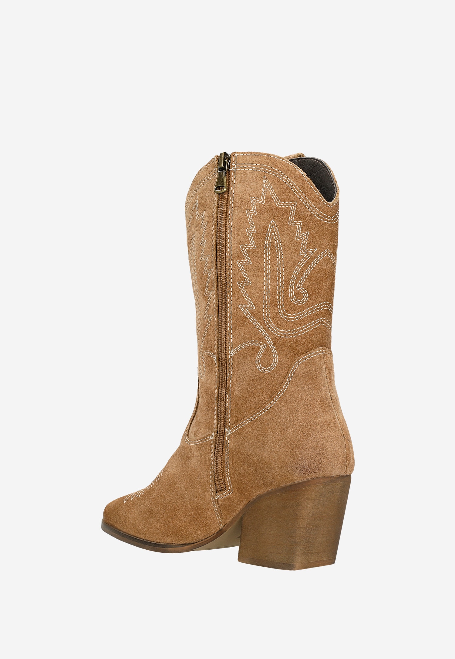 Beżowe botki typu kowbojki z ozdobnymi przeszyciami na cholewce