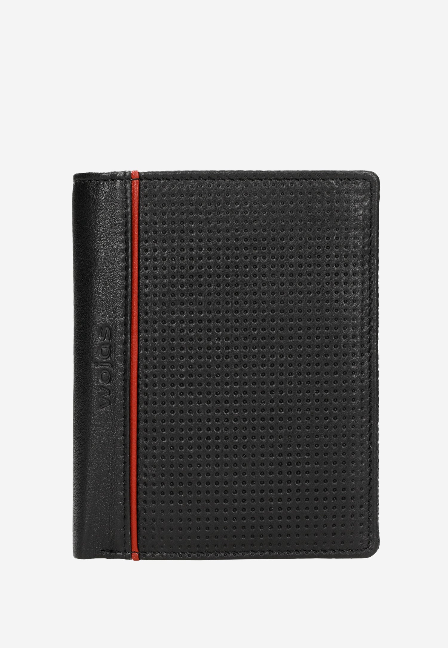 Czarny pionowy portfel męski z czerwonym akcentem na boku