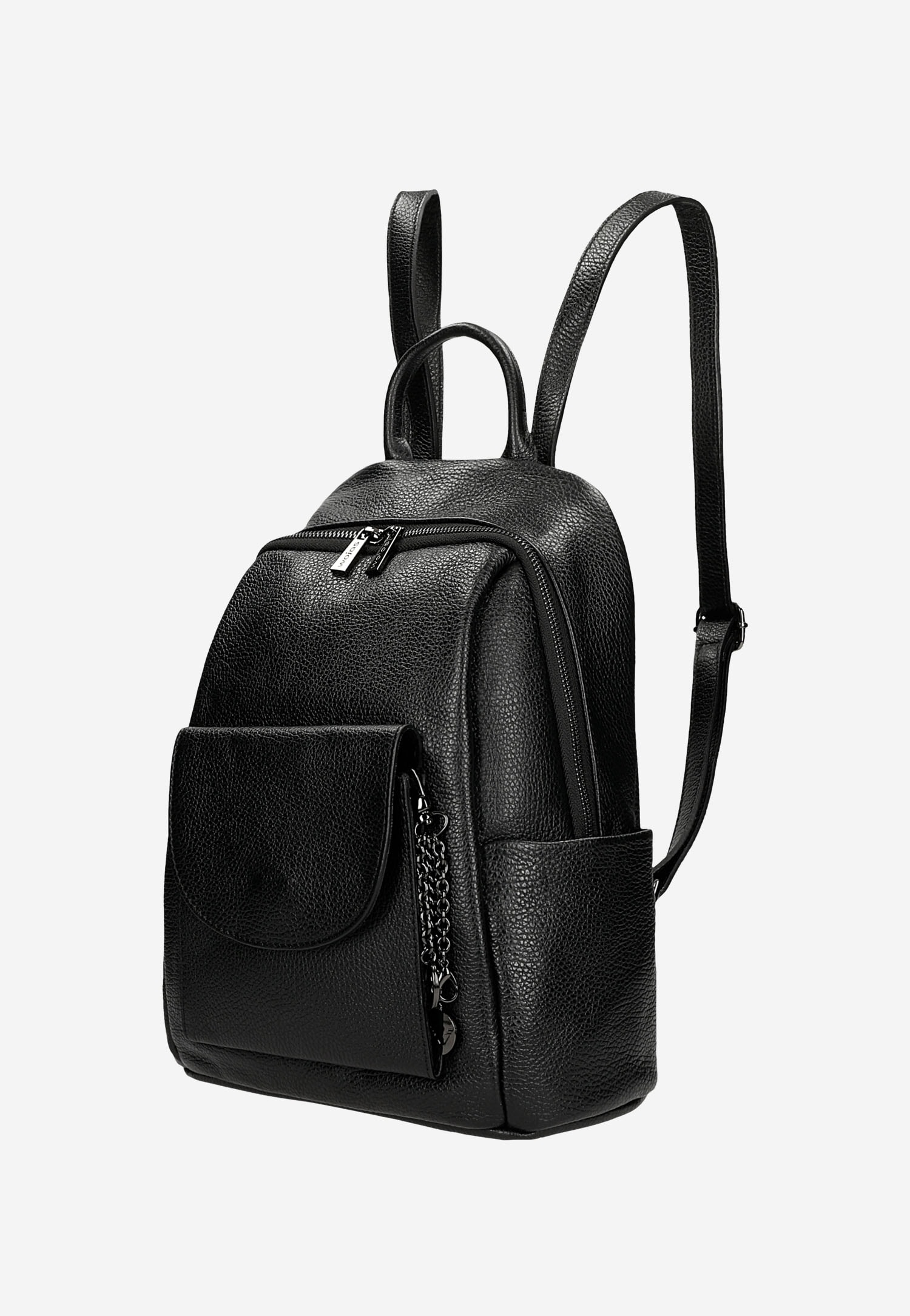 Czarny skórzany plecak damski ze srebrnymi zamkami