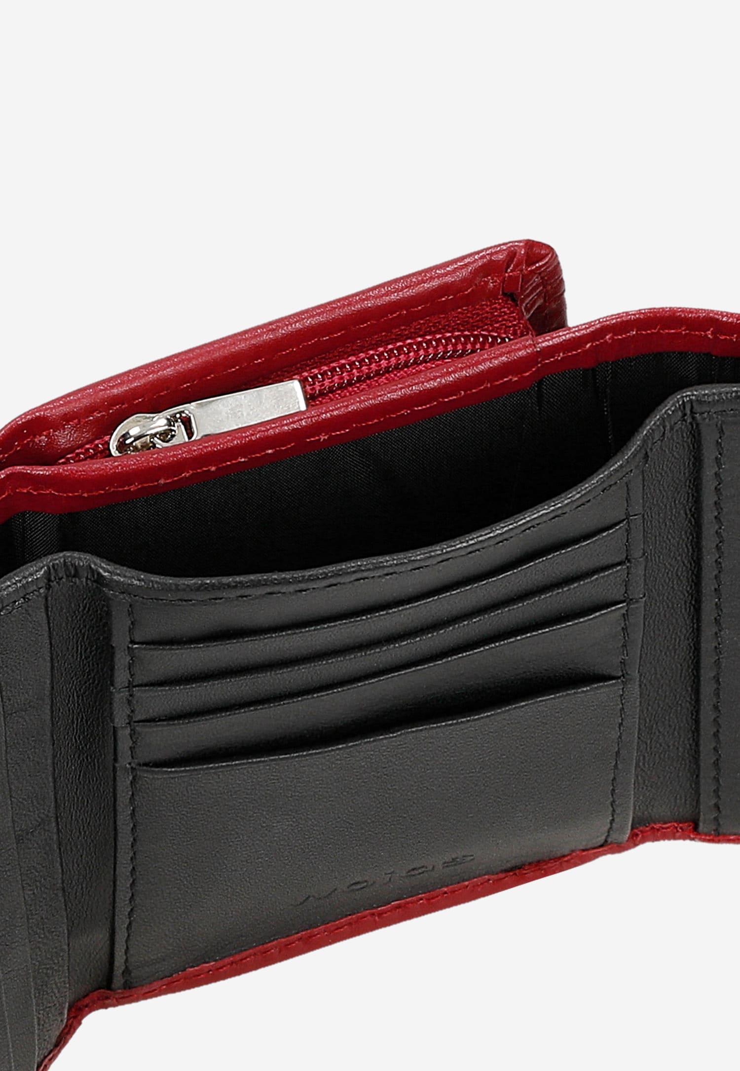 Czarny skórzany portfel damski z czerwonymi akcentami