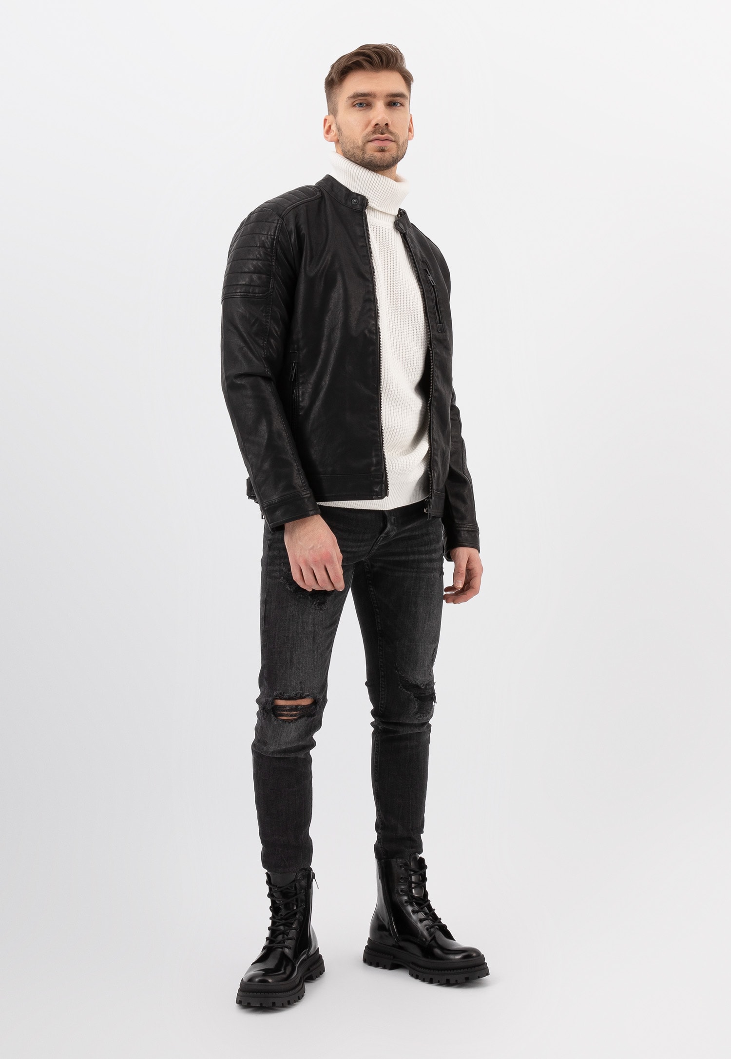 Brązowe męskie trzewiki bikery ze skóry licowej