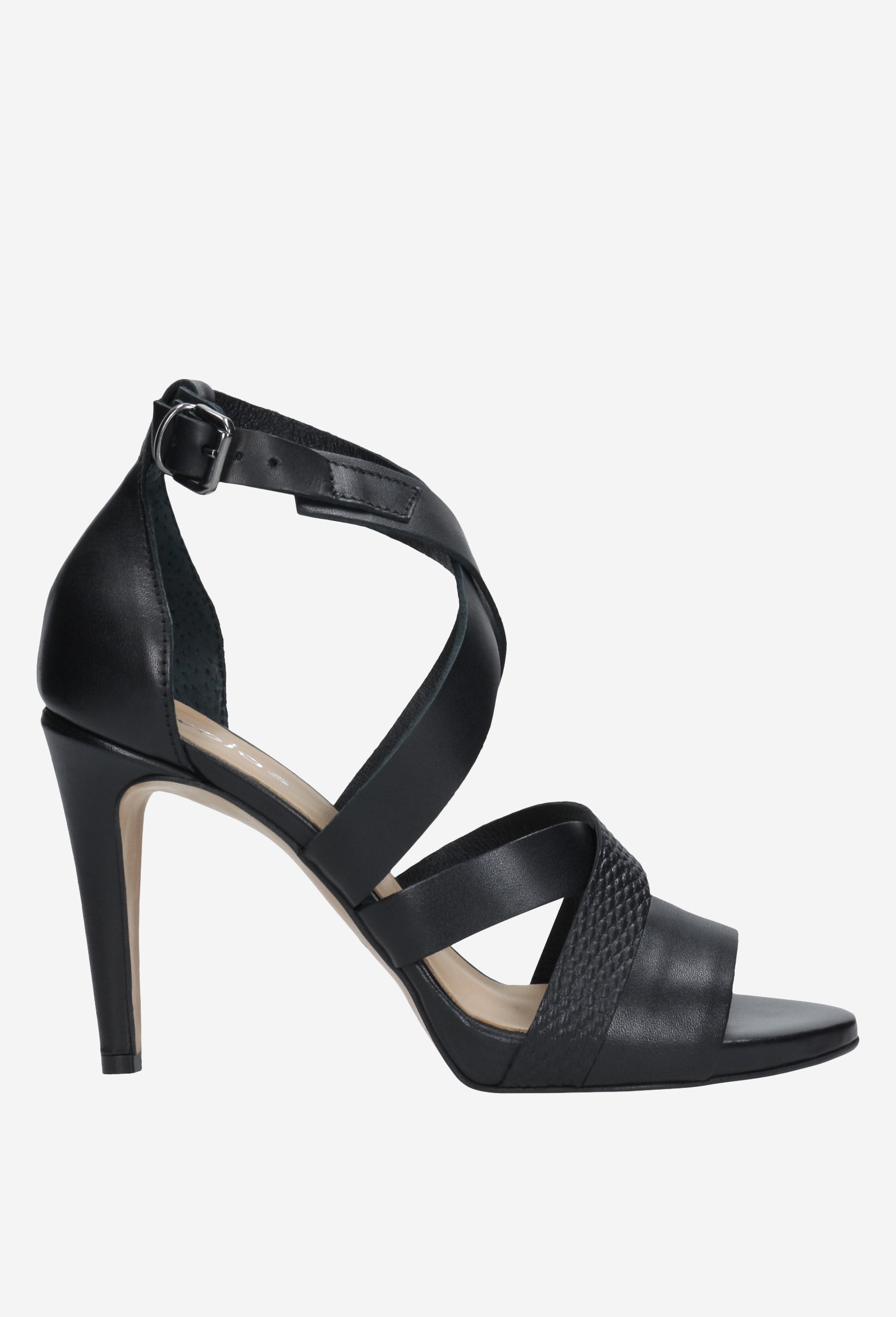 Oryginalne beżowe sandały na szpilce ze srebrnymi przetarciami