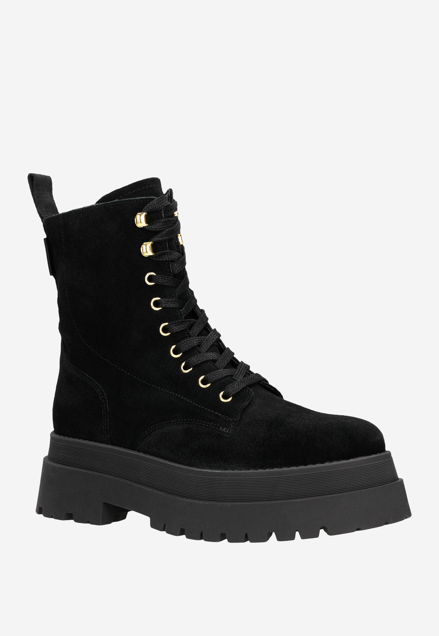 Czarne trzewiki damskie na masywnej podeszwie ze złotymi akcentami