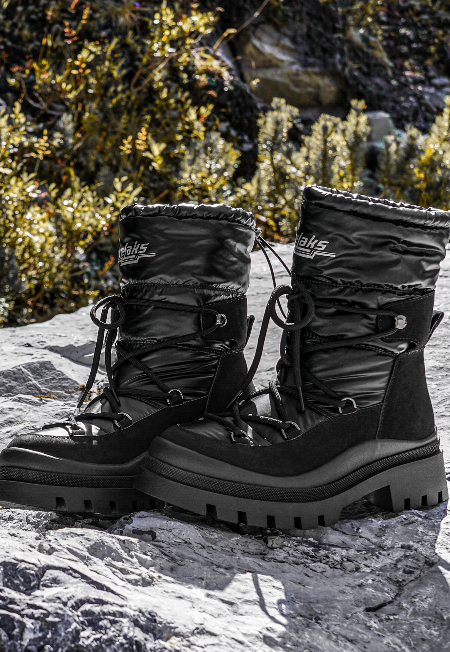 RELAKS czarne Śniegowce damskie z połączenia skóry i ortalionu