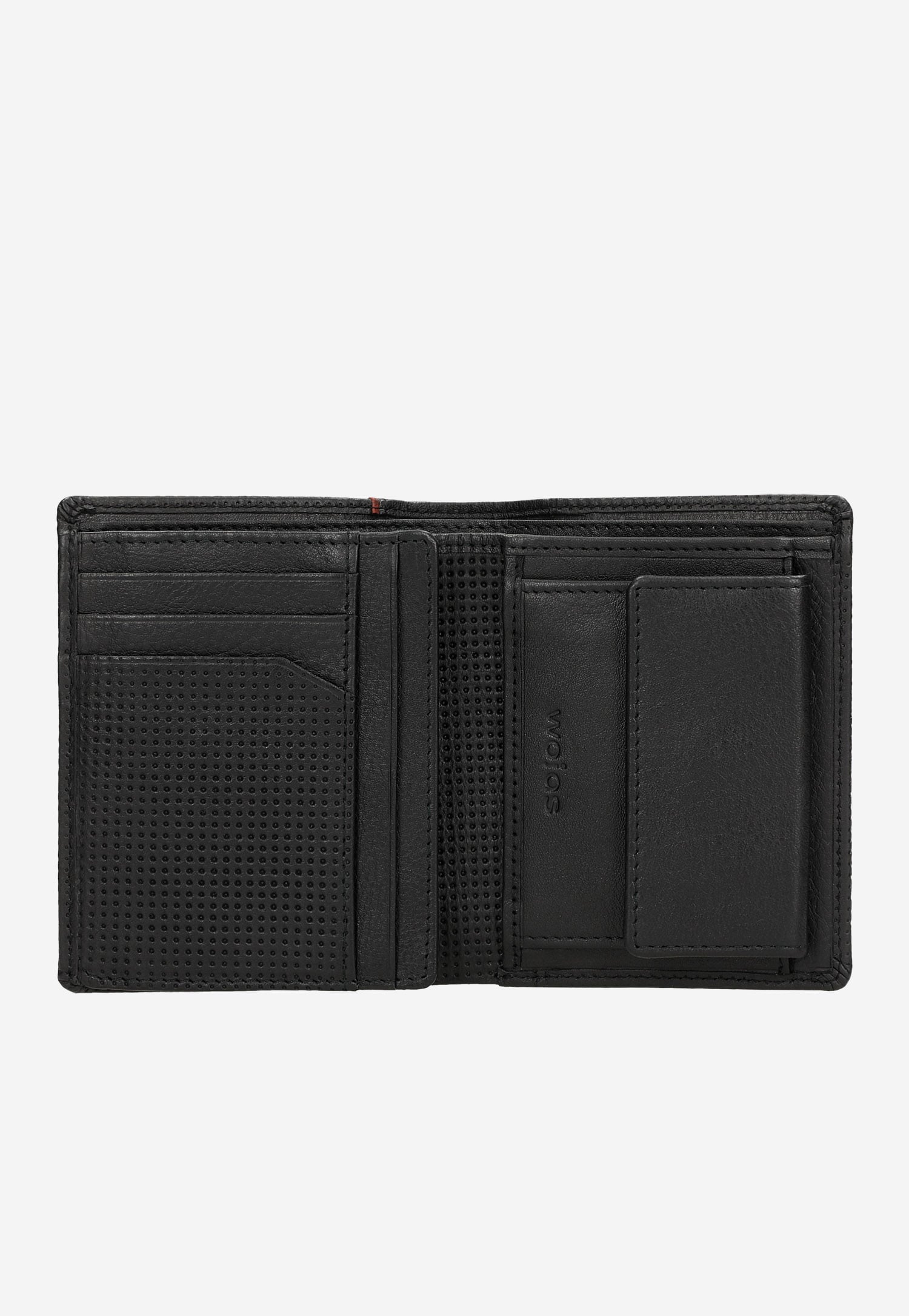 Czarny pionowy portfel męski z czerwonym akcentem na boku