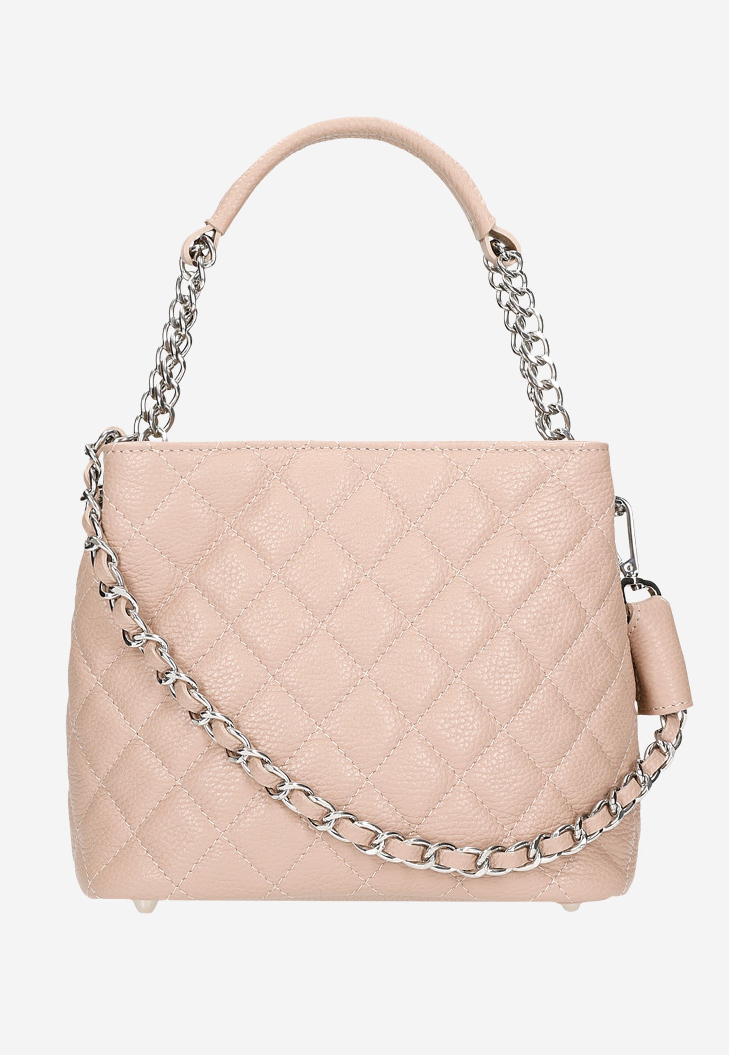 Jasnoróżowa pikowana torebka damska z ozdobnym łańcuszkiem