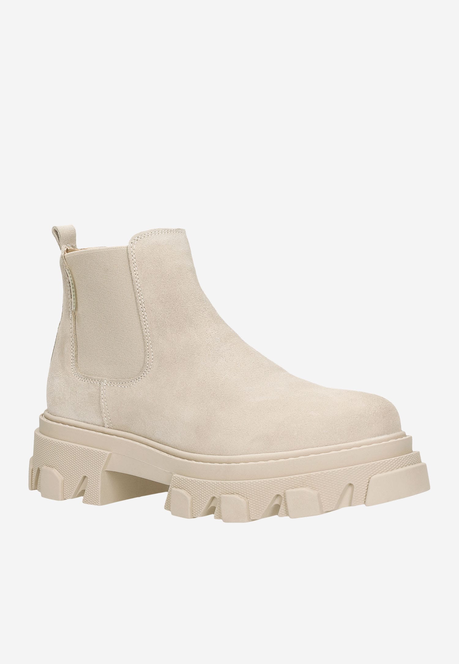 Beżowe botki damskie typu sztyblety z ciekawym bieżnikiem