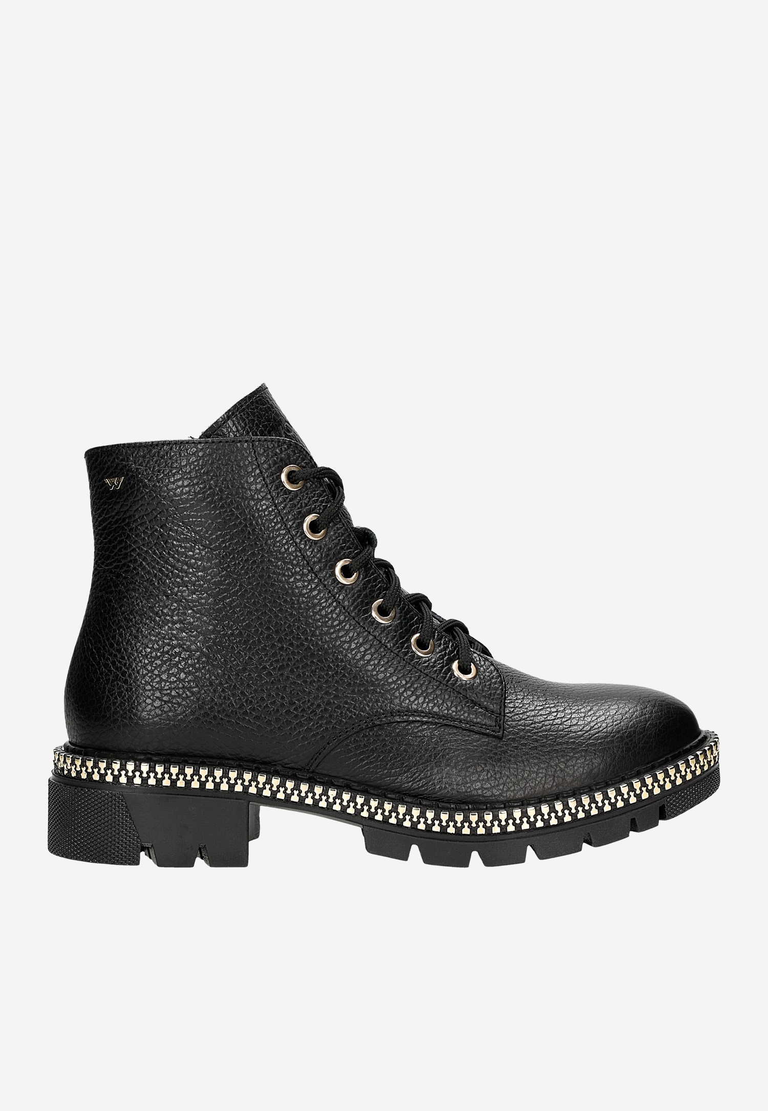 Czarne trzewiki damskie z ozdobnym złotym zamkiem na podeszwie