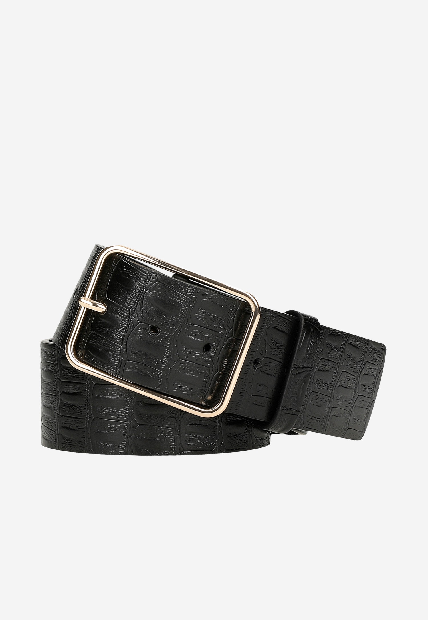 Czarny pasek z tłoczonej skóry licowej z otwartą klamrą