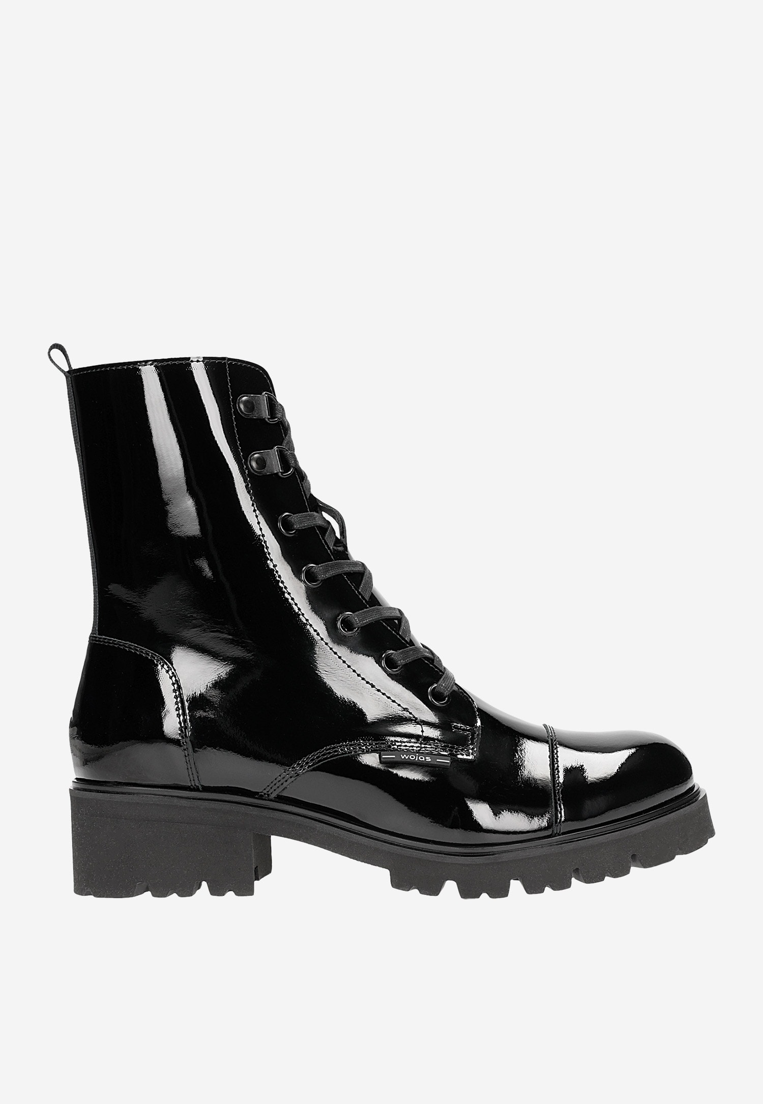 Czarne lakierowane trzewiki damskie typu biker boots