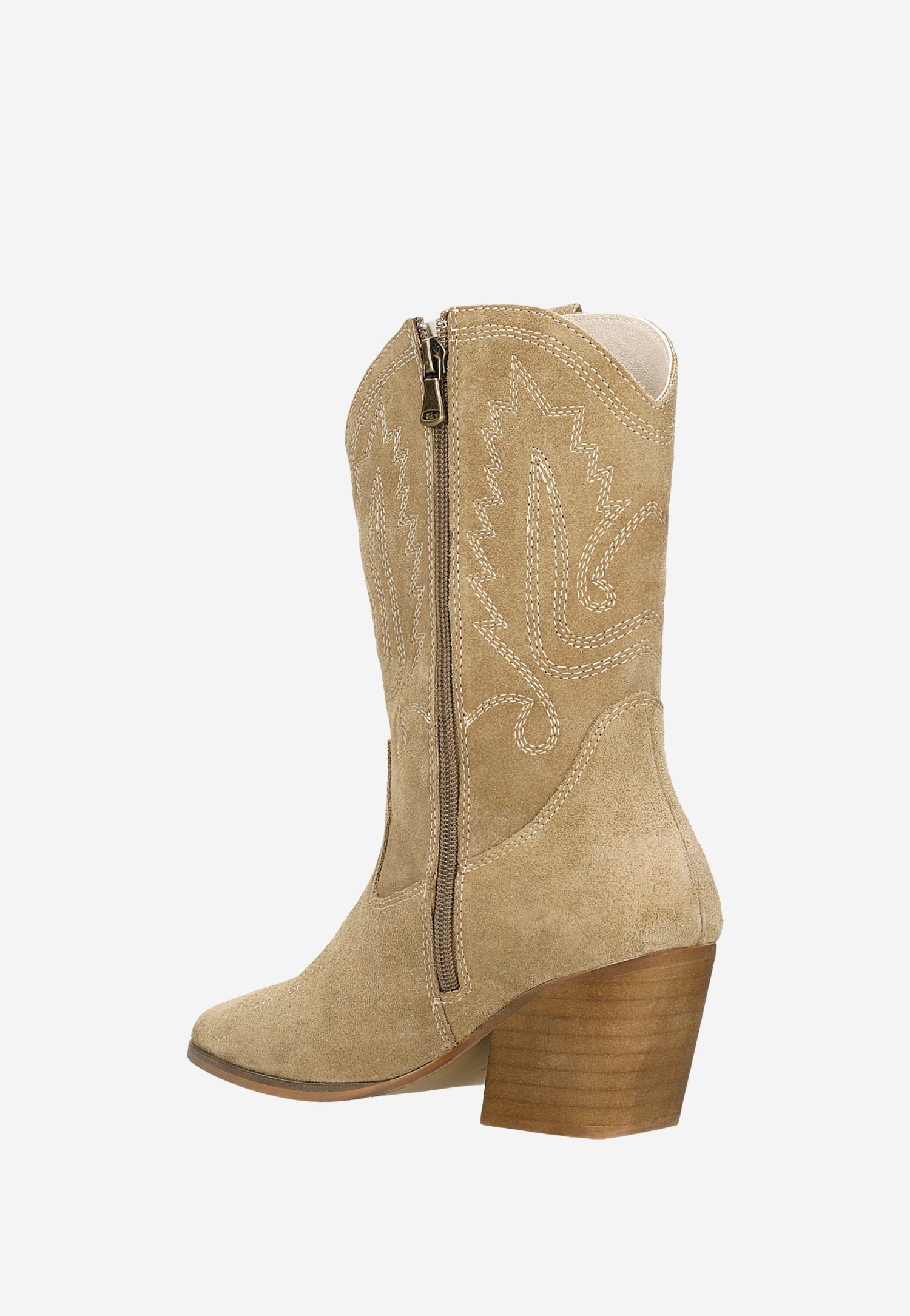 Beżowe botki typu kowbojki z ozdobnymi przeszyciami na cholewce