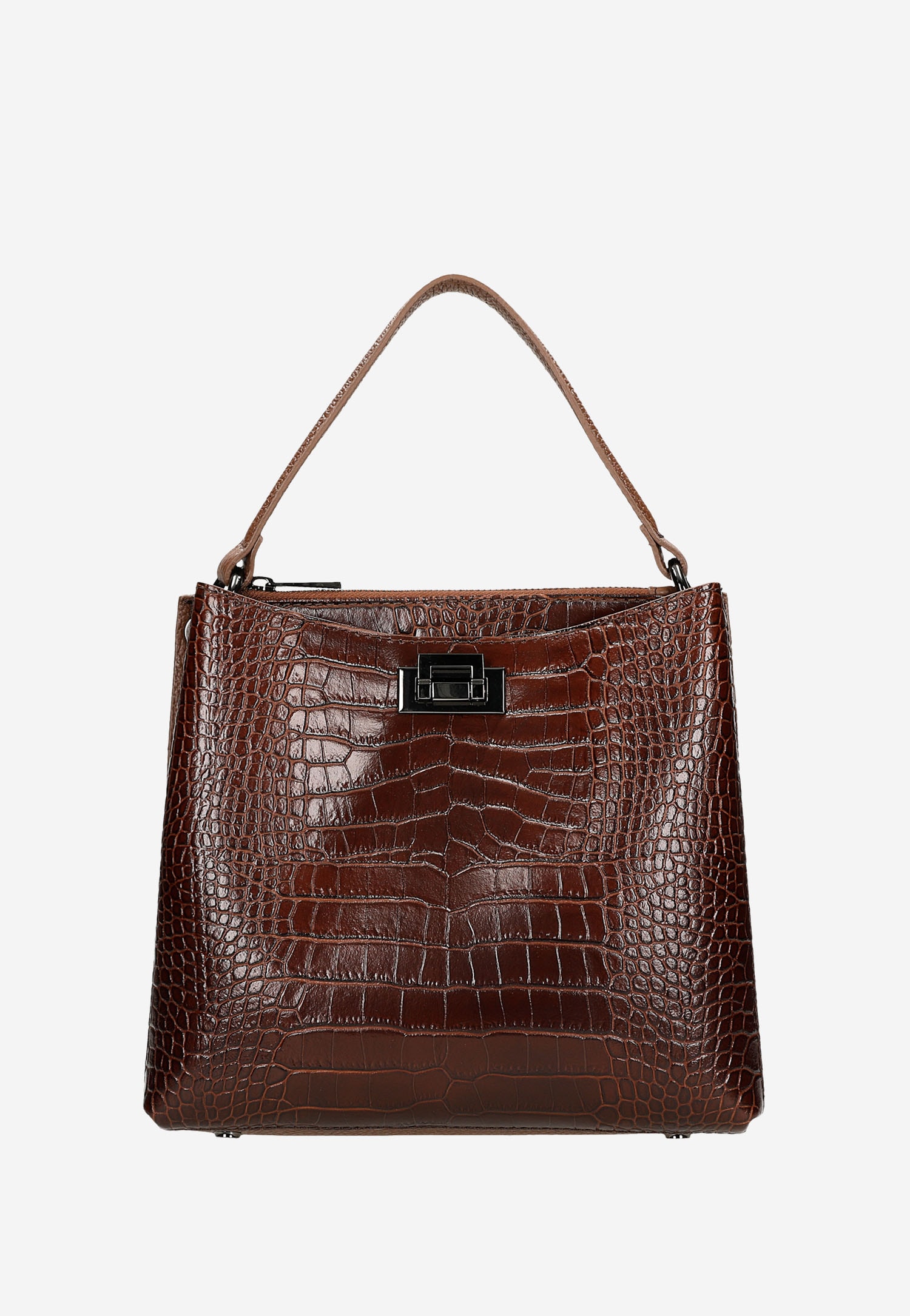 Duża ciemnobrązowa torebka damska kuferek z tłoczeniem