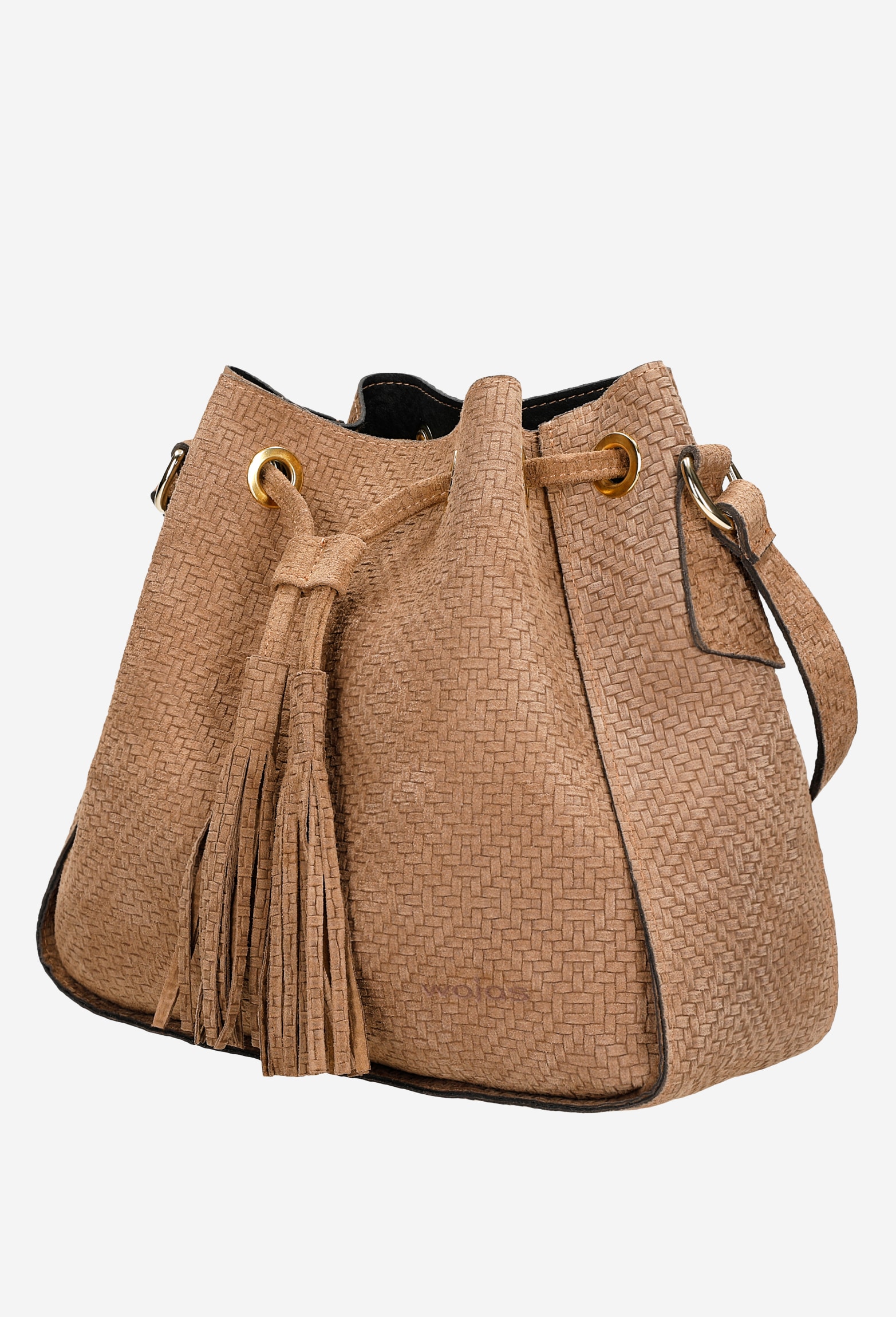 Czarna pleciona torebka damska z dwoiny welurowej w oryginalne wzory