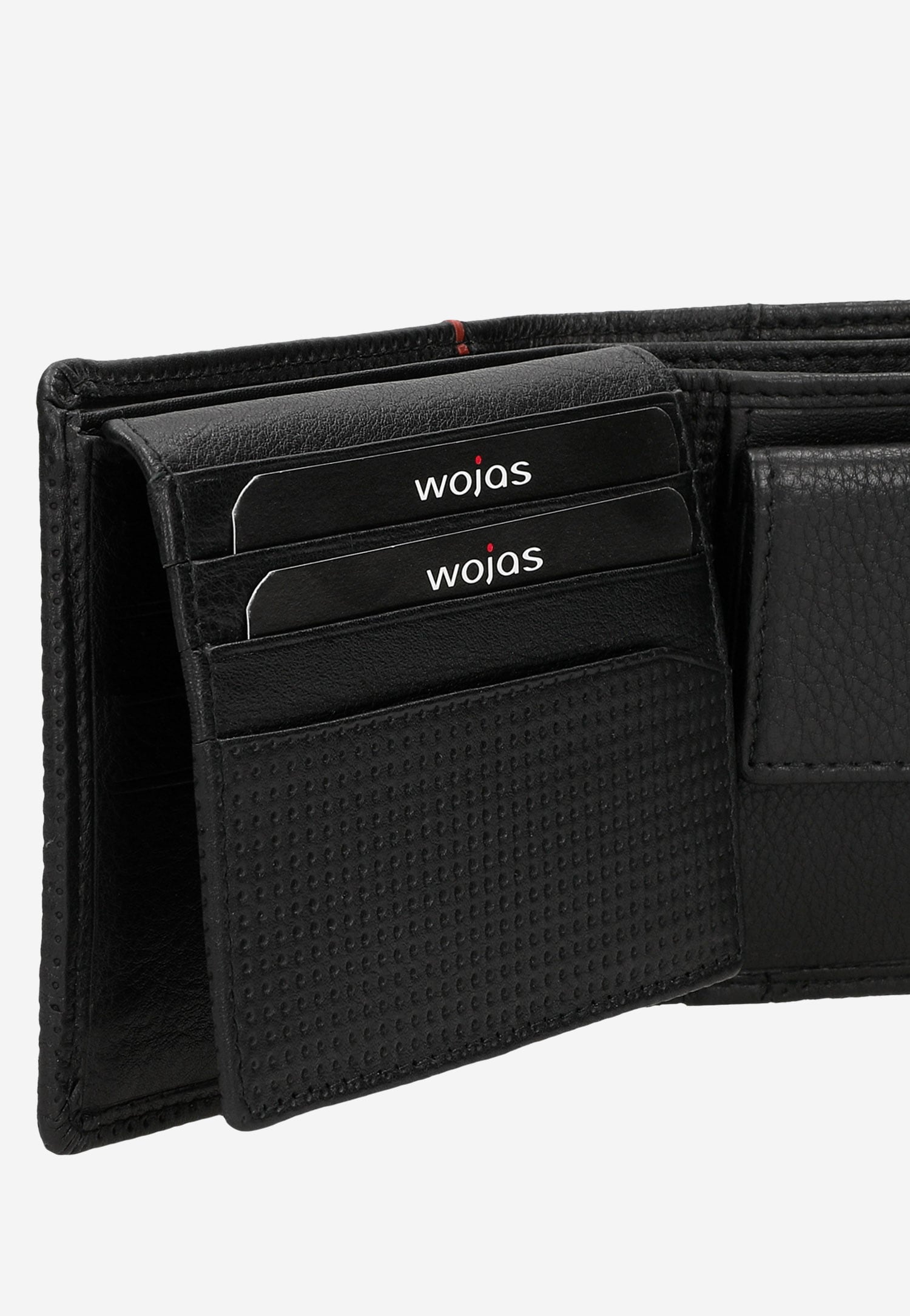 Czarny portfel męski ze skóry licowej z pionowym czerwonym paskiem