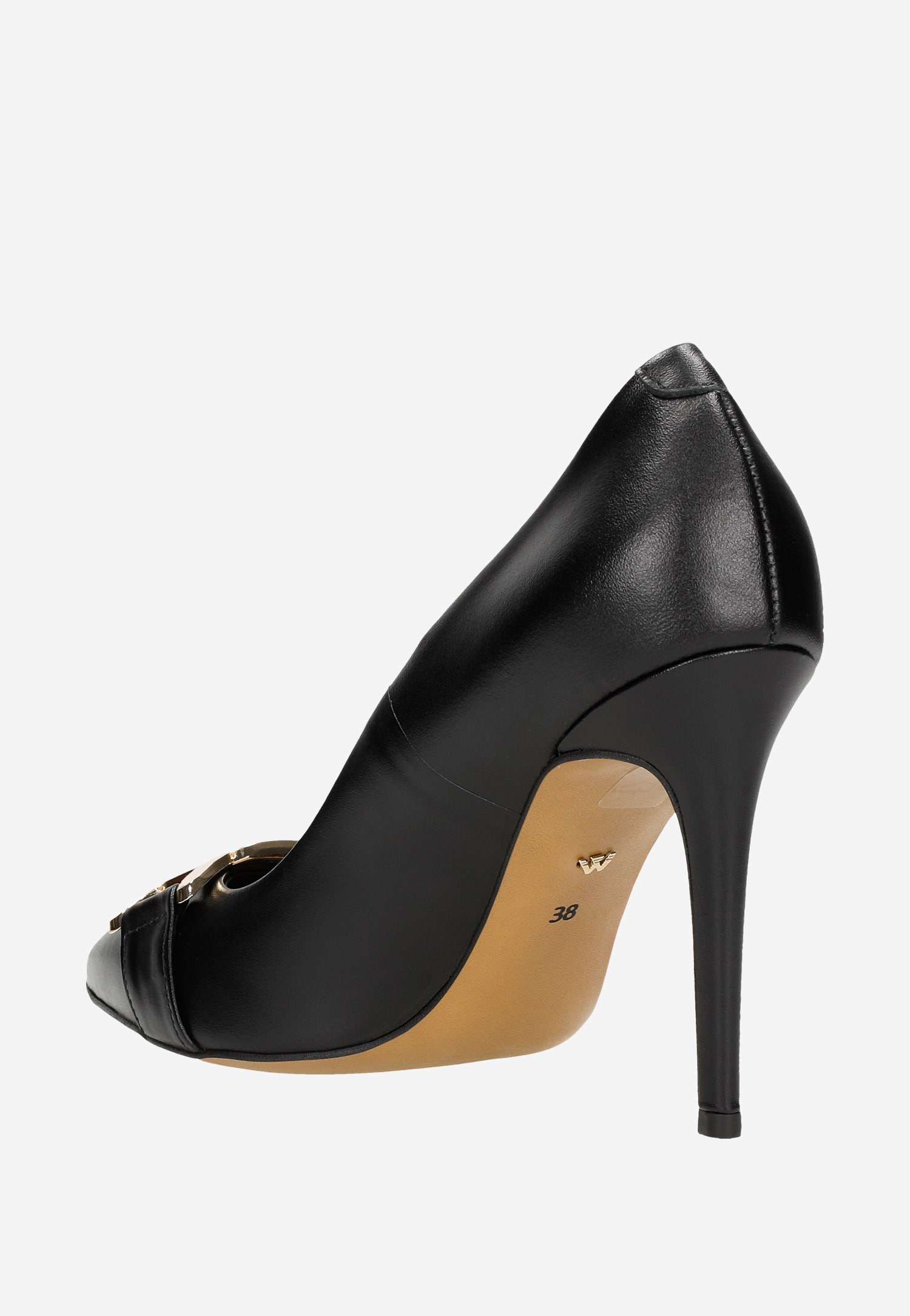 Czarne skórzane czółenka damskie na szpilce ze złotym łańcuchem