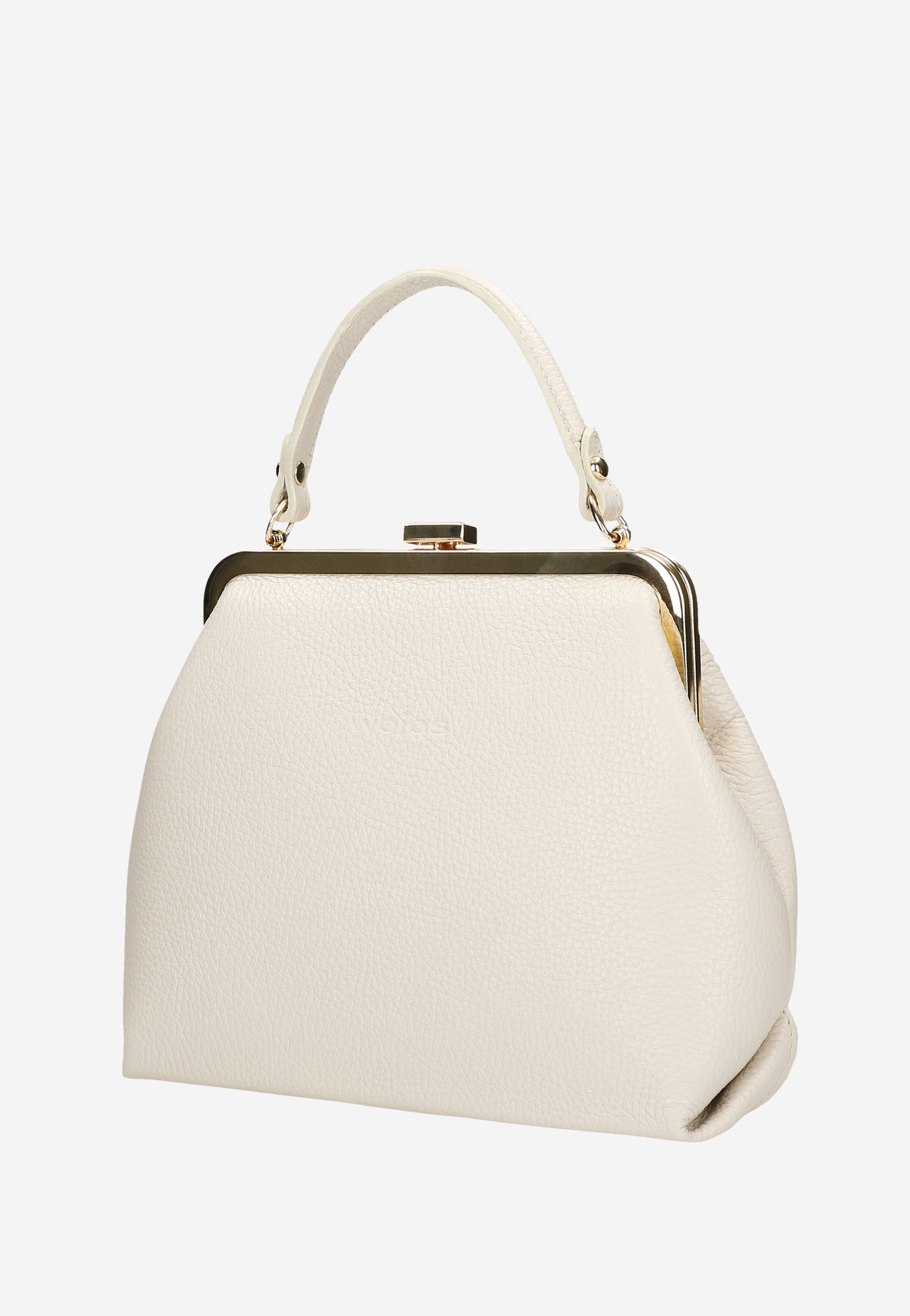 Beżowa torebka damska typu frame bag ze złotymi metalowymi elementami