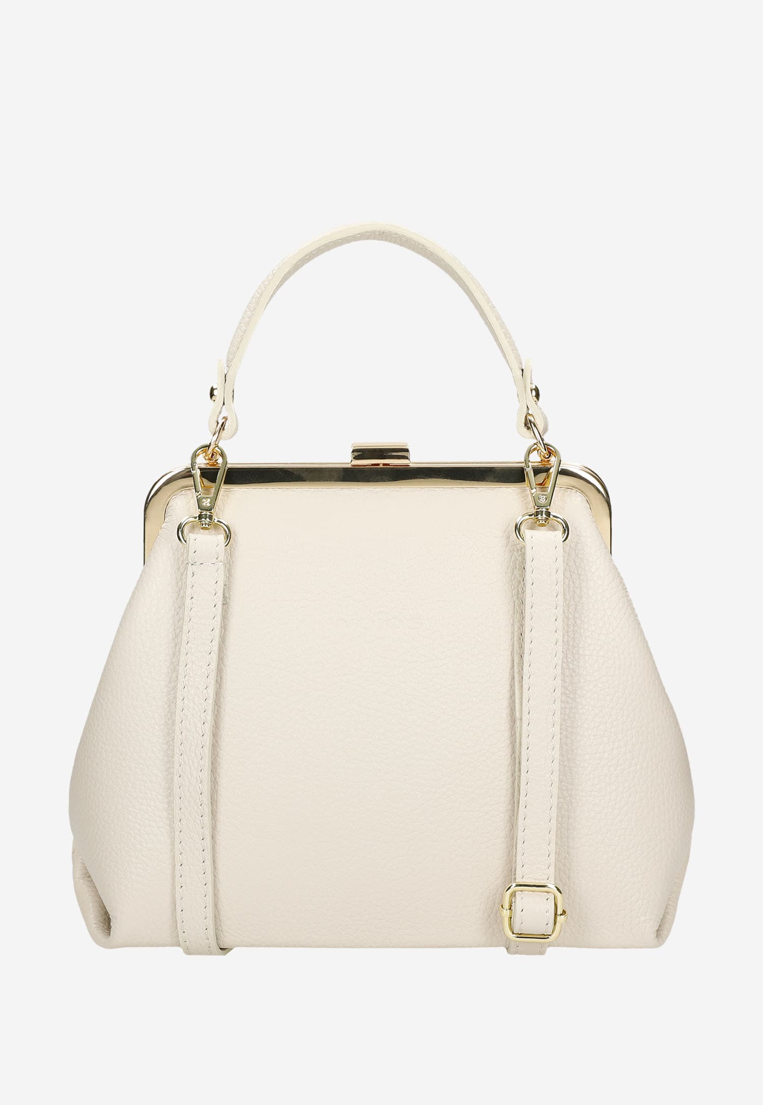 Beżowa torebka damska typu frame bag ze złotymi metalowymi elementami