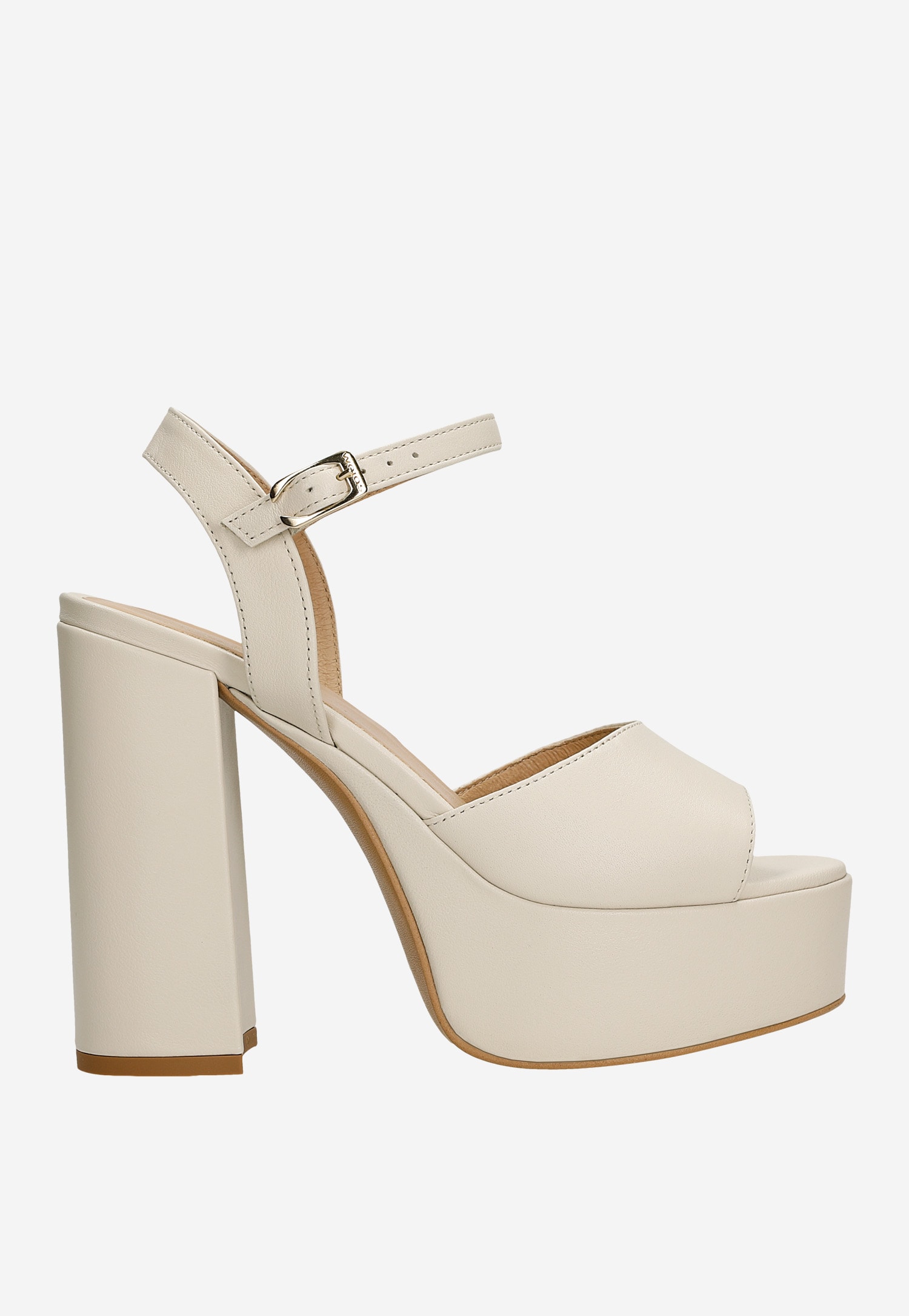 Beżowe skórzane sandały damskie na wysokim masywnym obcasie