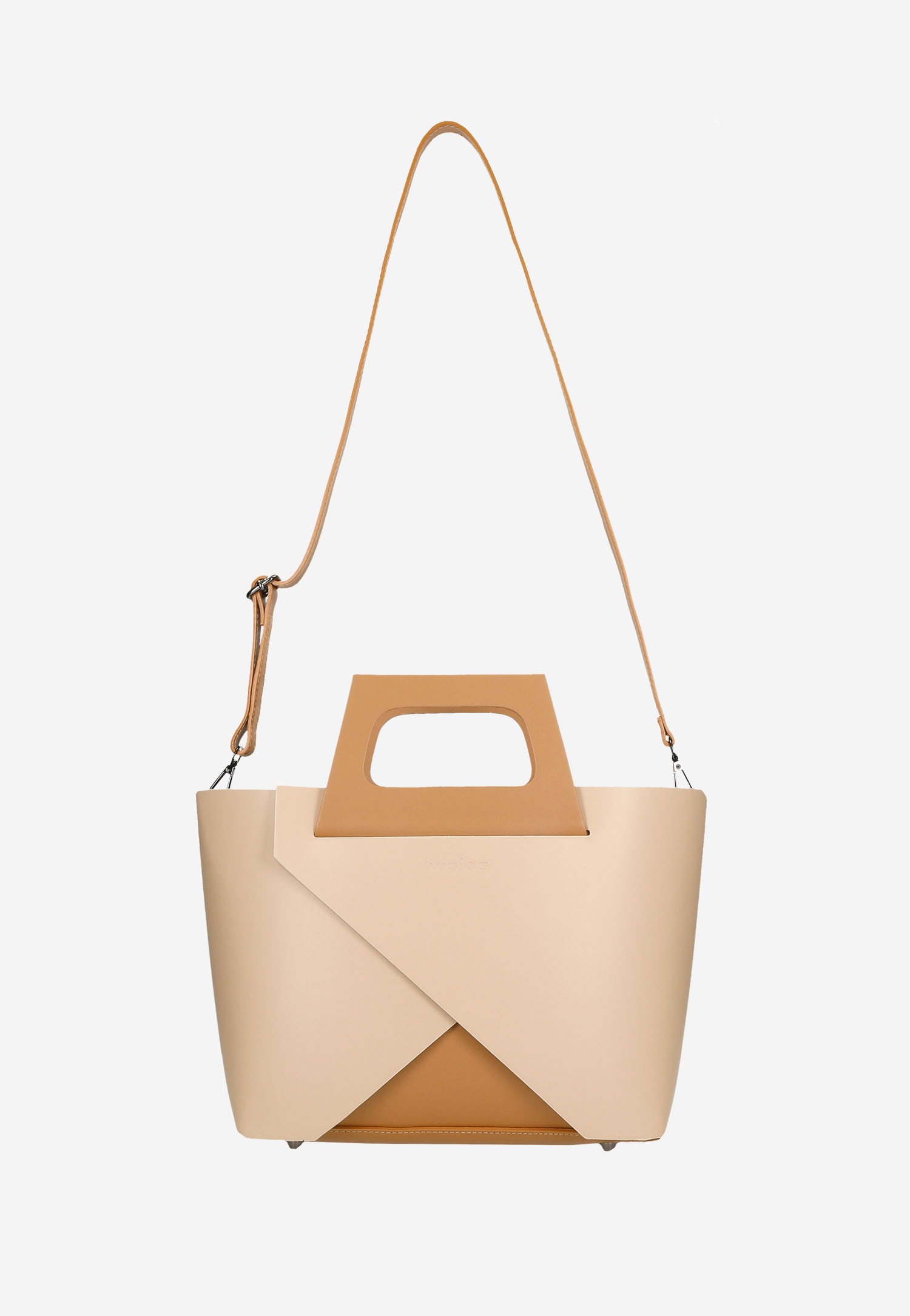 Beżowy sztywny kuferek damski z brązowymi elementami